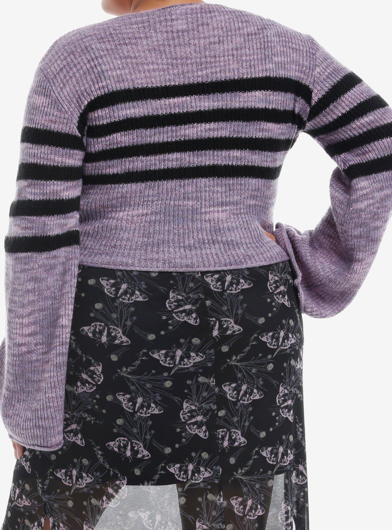 Purple & Black Stripe Marled Bell-Sleeve Girls Crop Sweater Plus Size, BLACK, alternate