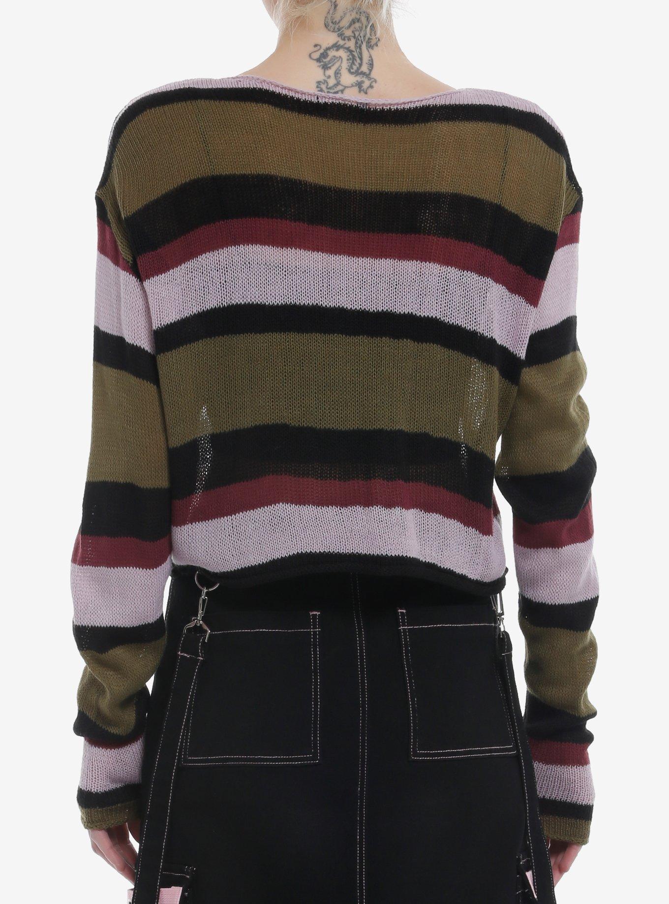 Green Purple Multi-Stripe Distressed Girls Knit Sweater, MULTI, alternate