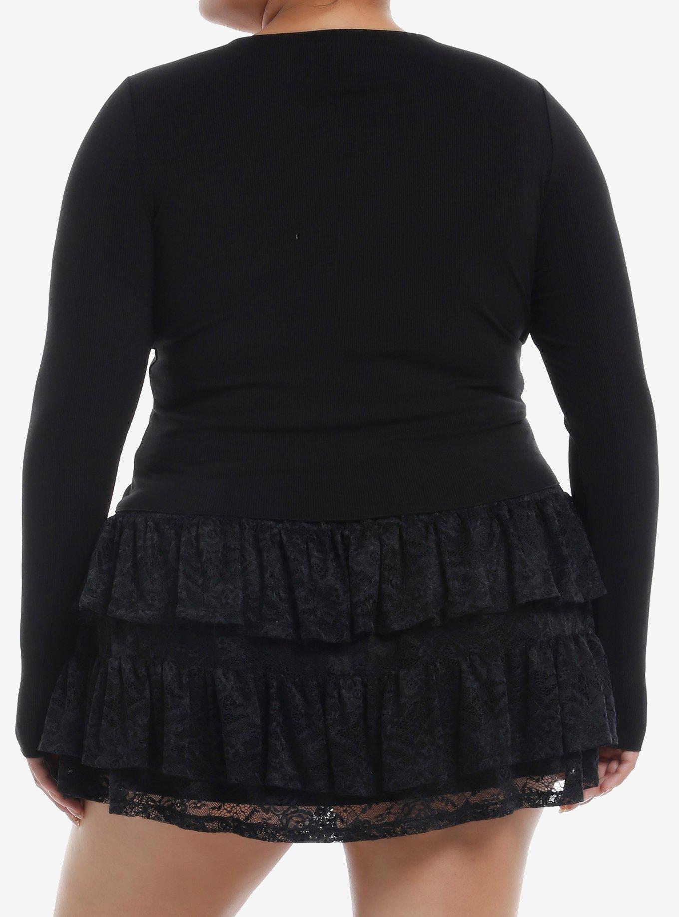 Cosmic Aura Front Cut Lace Bow Girls Long-Sleeve Top Plus Size, BLACK, alternate