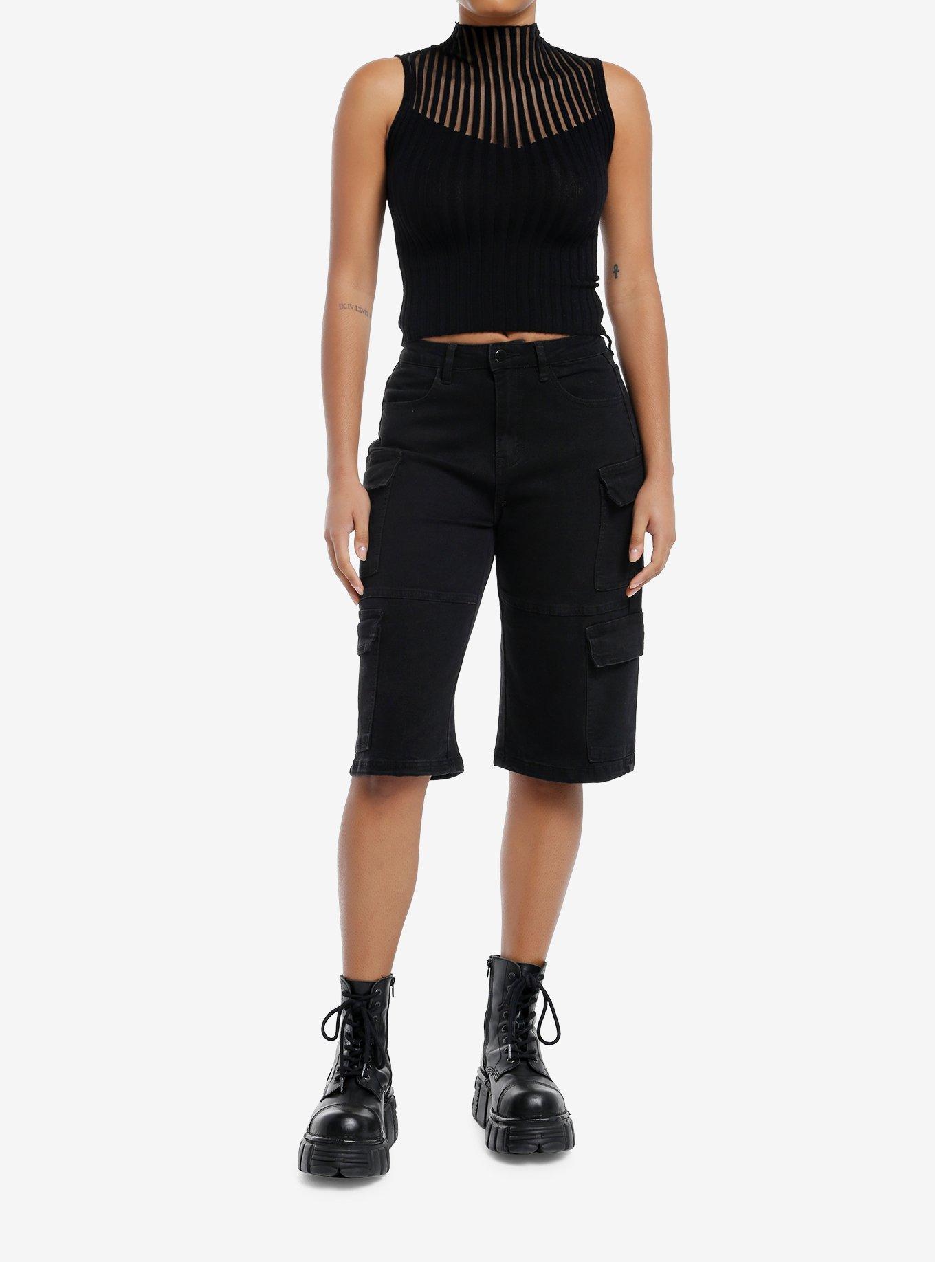 Black Stripe High Neck Girls Sweater Tank Top, BLACK, alternate