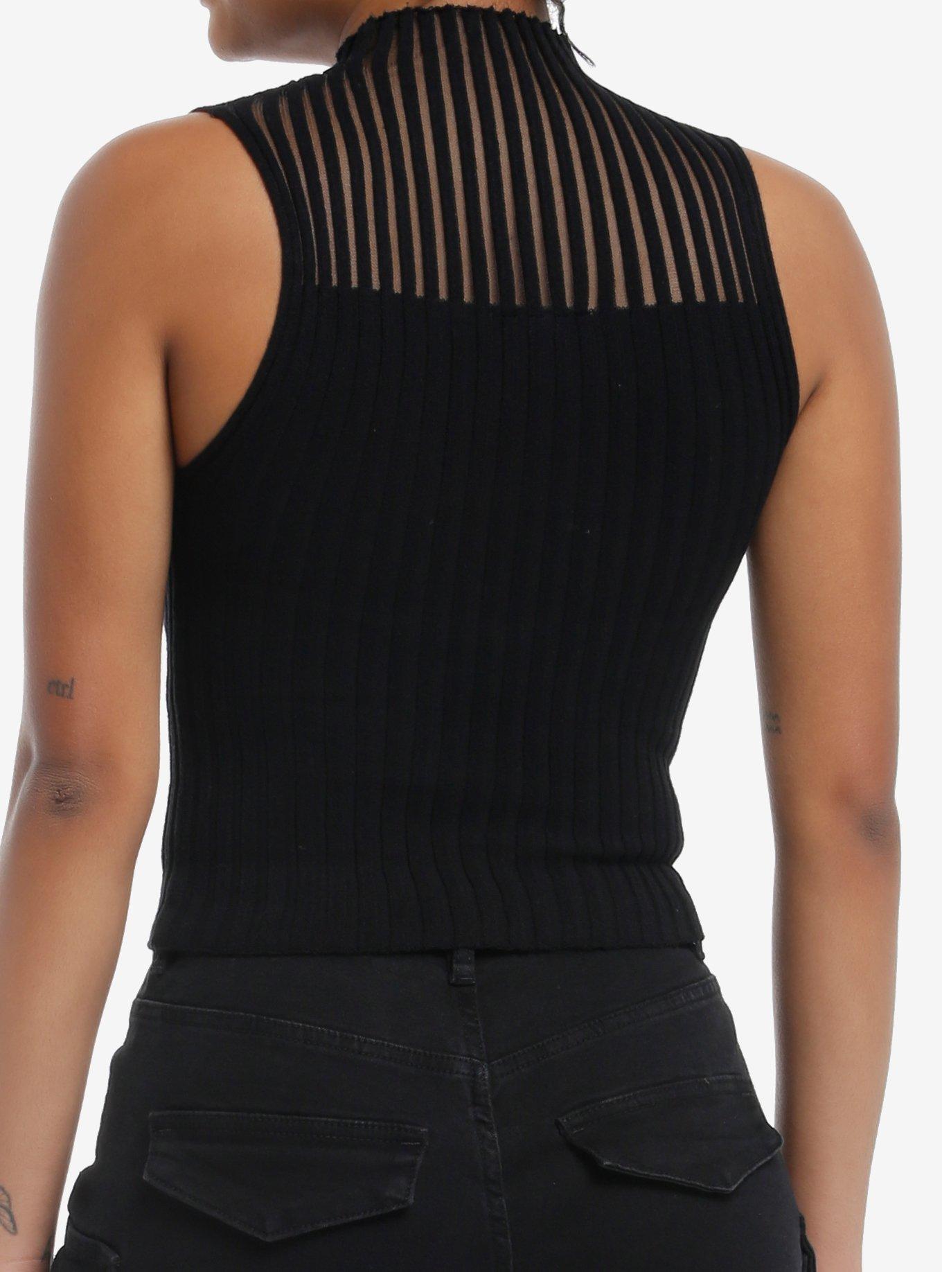 Black Stripe High Neck Girls Sweater Tank Top, BLACK, alternate