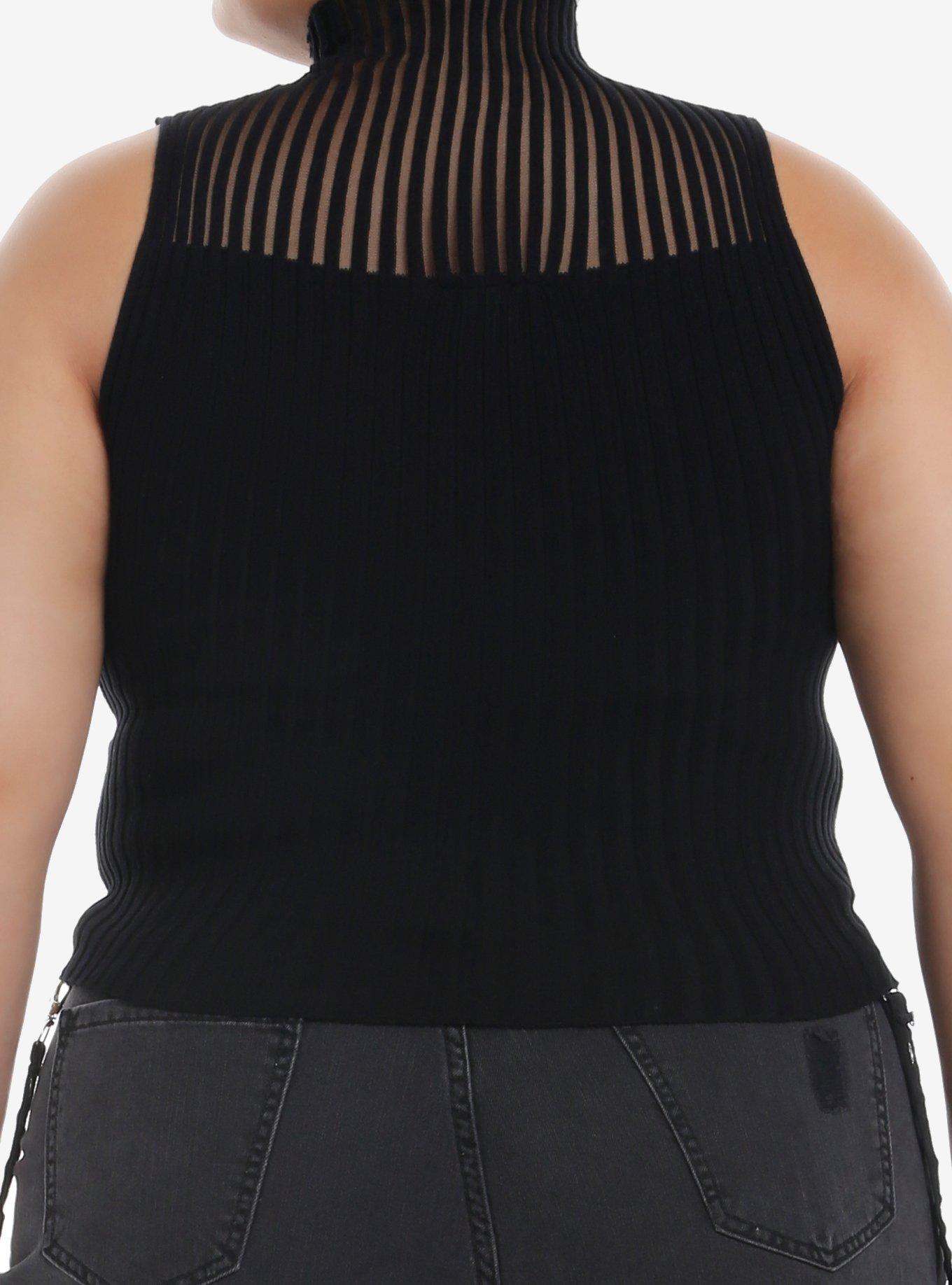 Black Stripe High Neck Girls Sweater Tank Top Plus Size, BLACK, alternate