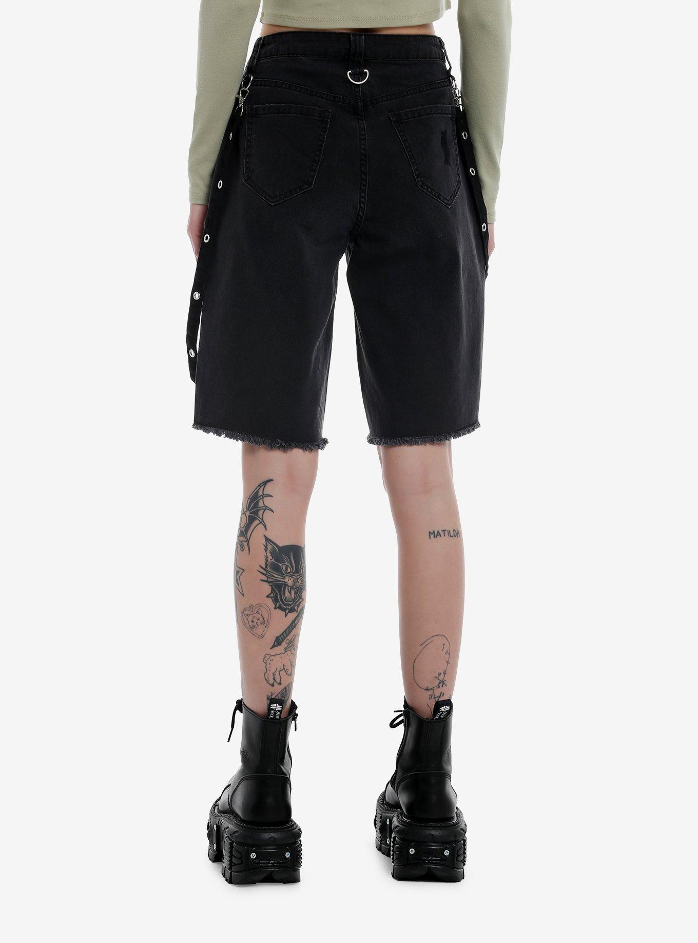 Black Washed Grommet Suspender Denim Long Shorts, , hi-res