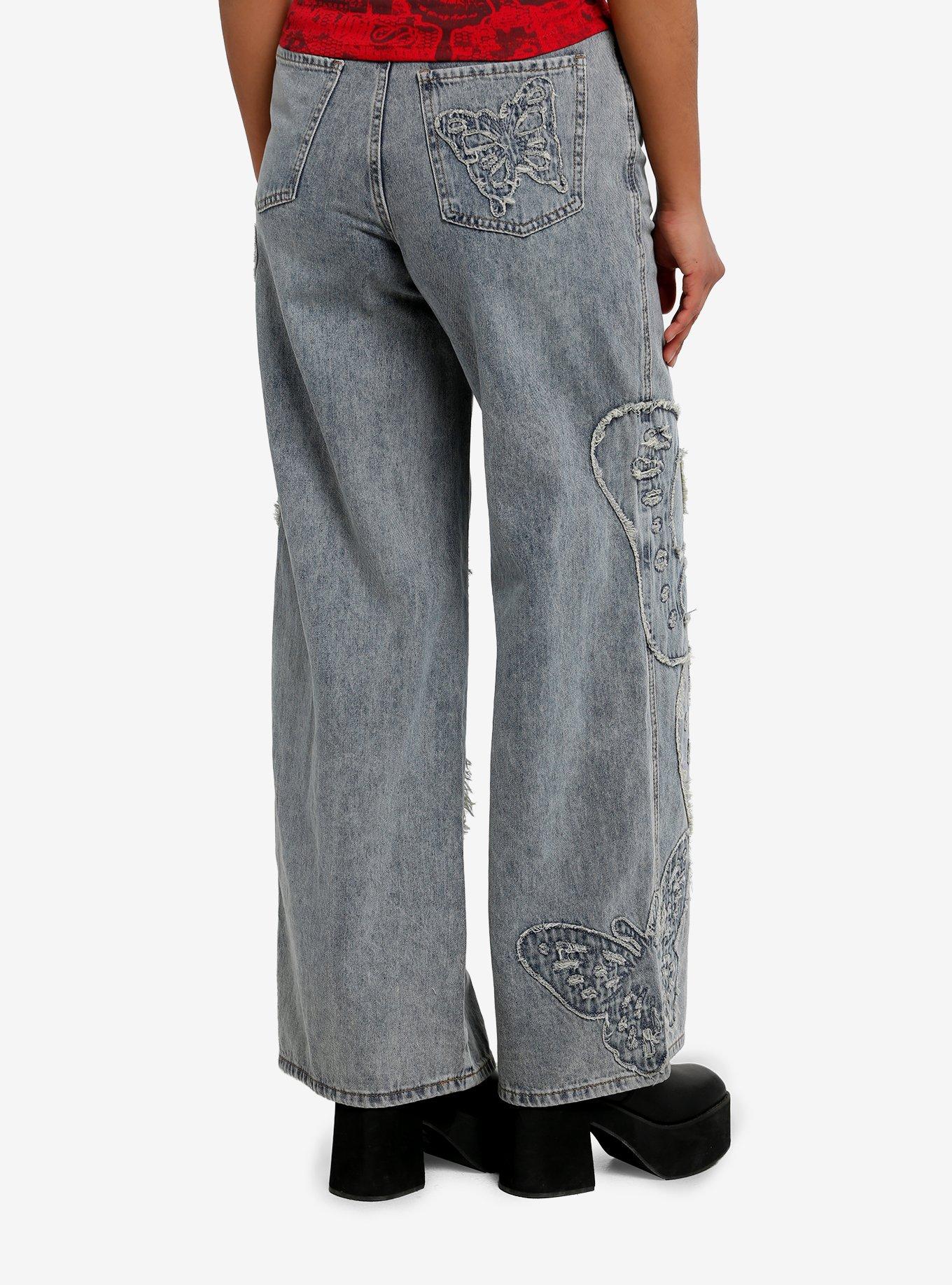 Light Wash Frayed Butterfly Wide Leg Denim Pants, , hi-res