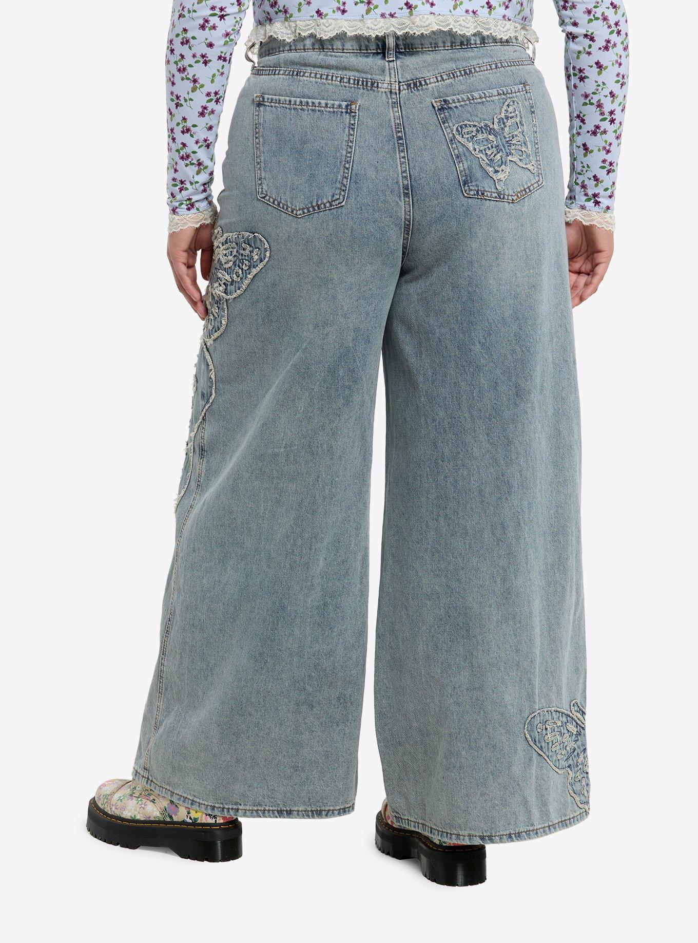 Light Wash Frayed Butterfly Wide Leg Denim Pants Plus Size, , hi-res