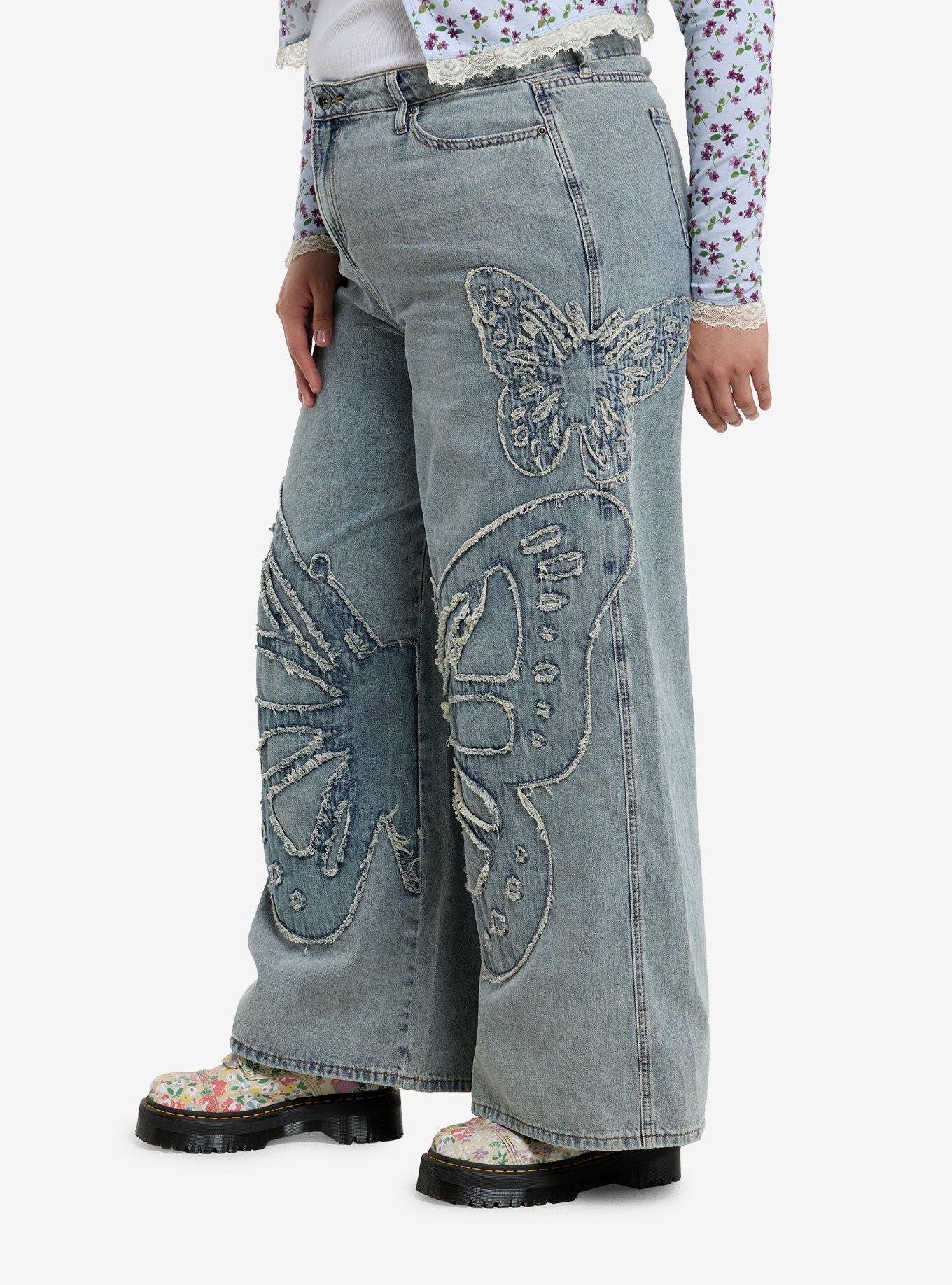 Light Wash Frayed Butterfly Wide Leg Denim Pants Plus Size, INDIGO, alternate