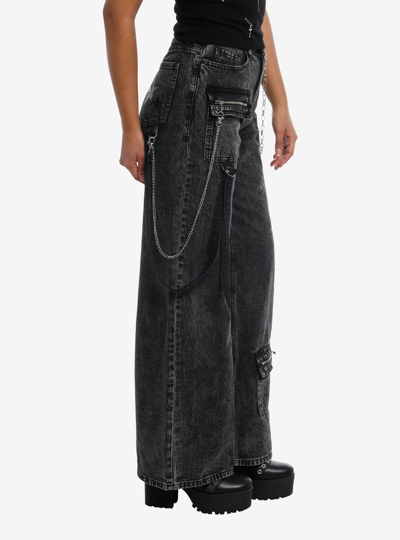 Grey Wash Star Side Chain Wide Leg Denim Pants, , hi-res