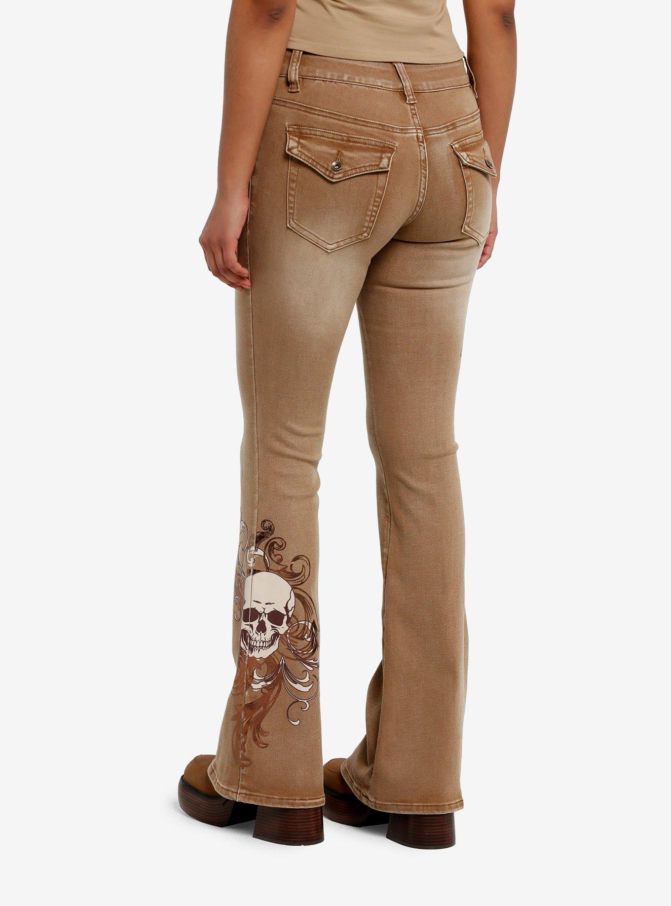 Brown Y2k Cross Skull Flare Denim Pants, , hi-res
