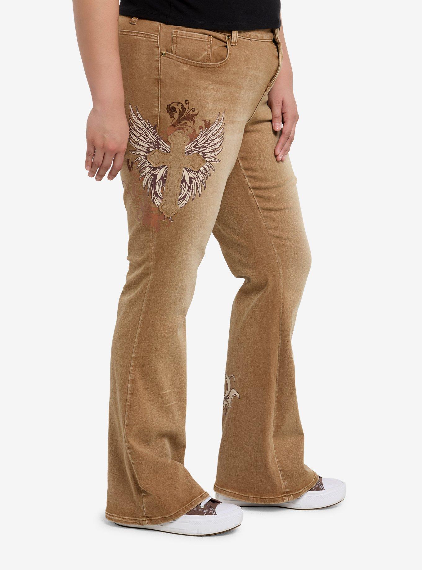 Brown Y2k Cross Skull Flare Denim Pants Plus Size, BROWN, alternate
