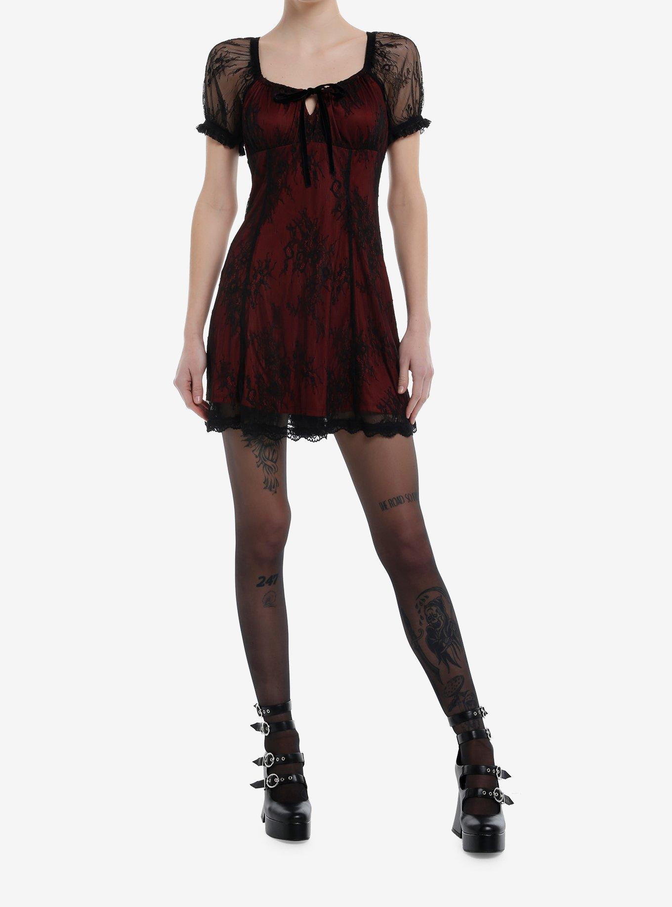 Cosmic Aura Red & Black Lace Empire Dress, , hi-res