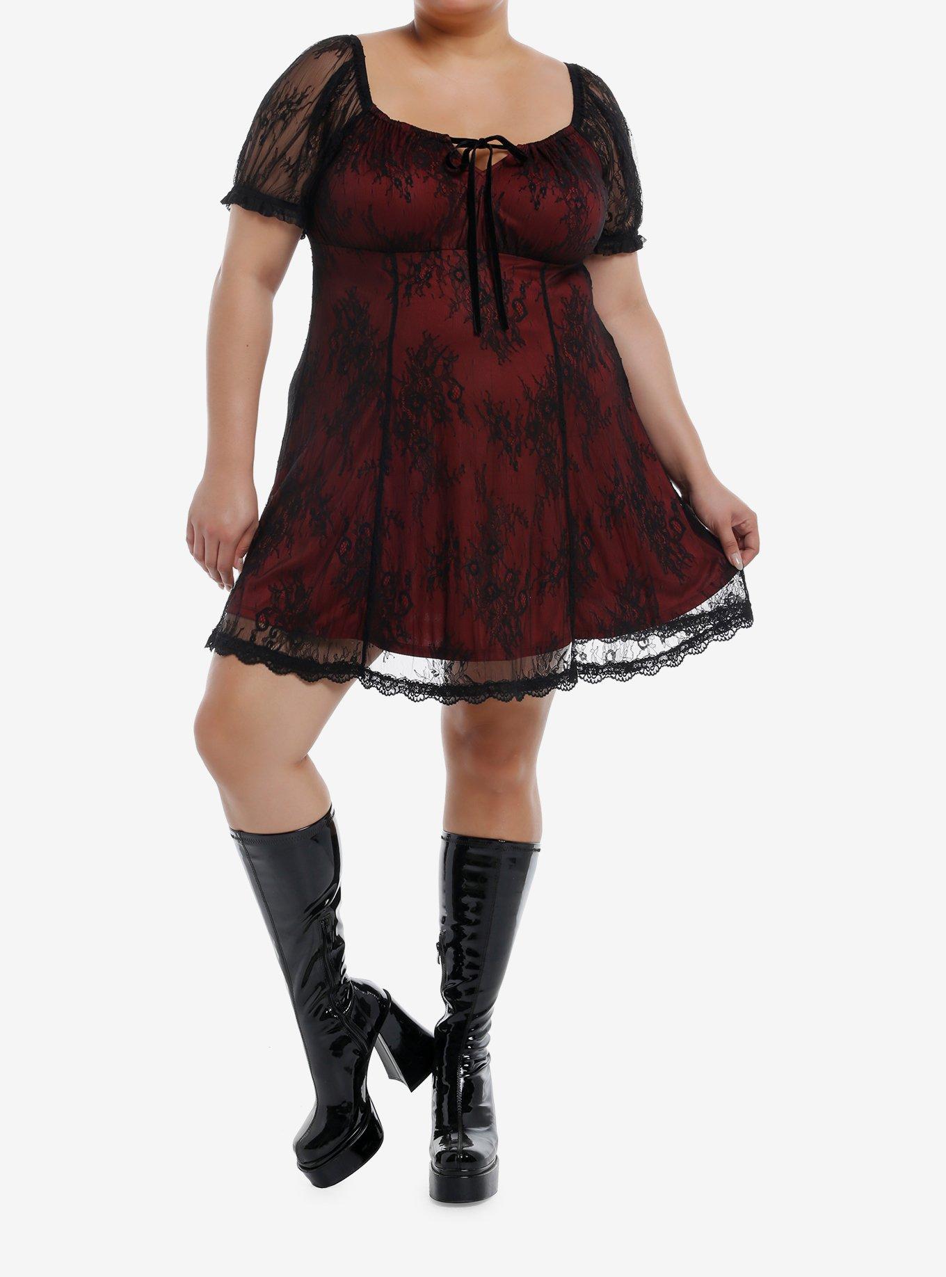 Cosmic Aura Red & Black Lace Empire Dress Plus Size, , hi-res