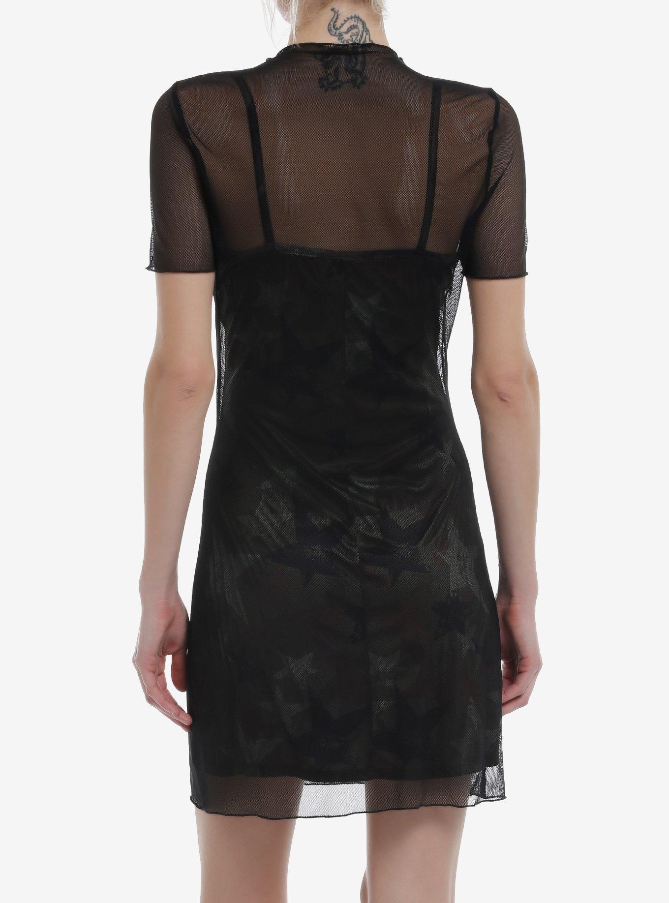 Social Collision Camo Stars Mesh Overlay Mini Dress, BLACK, alternate