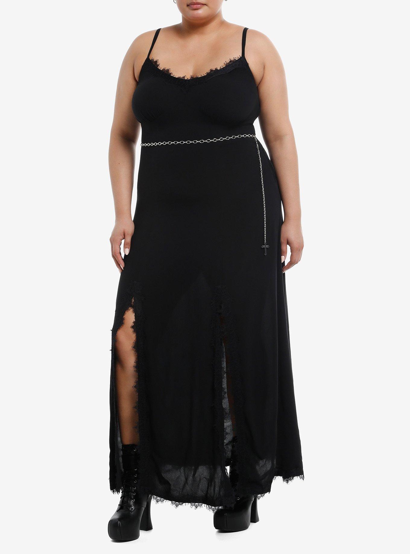 Cosmic Aura Black Double Slit Cross Chain Belt Maxi Dress Plus Size, , hi-res