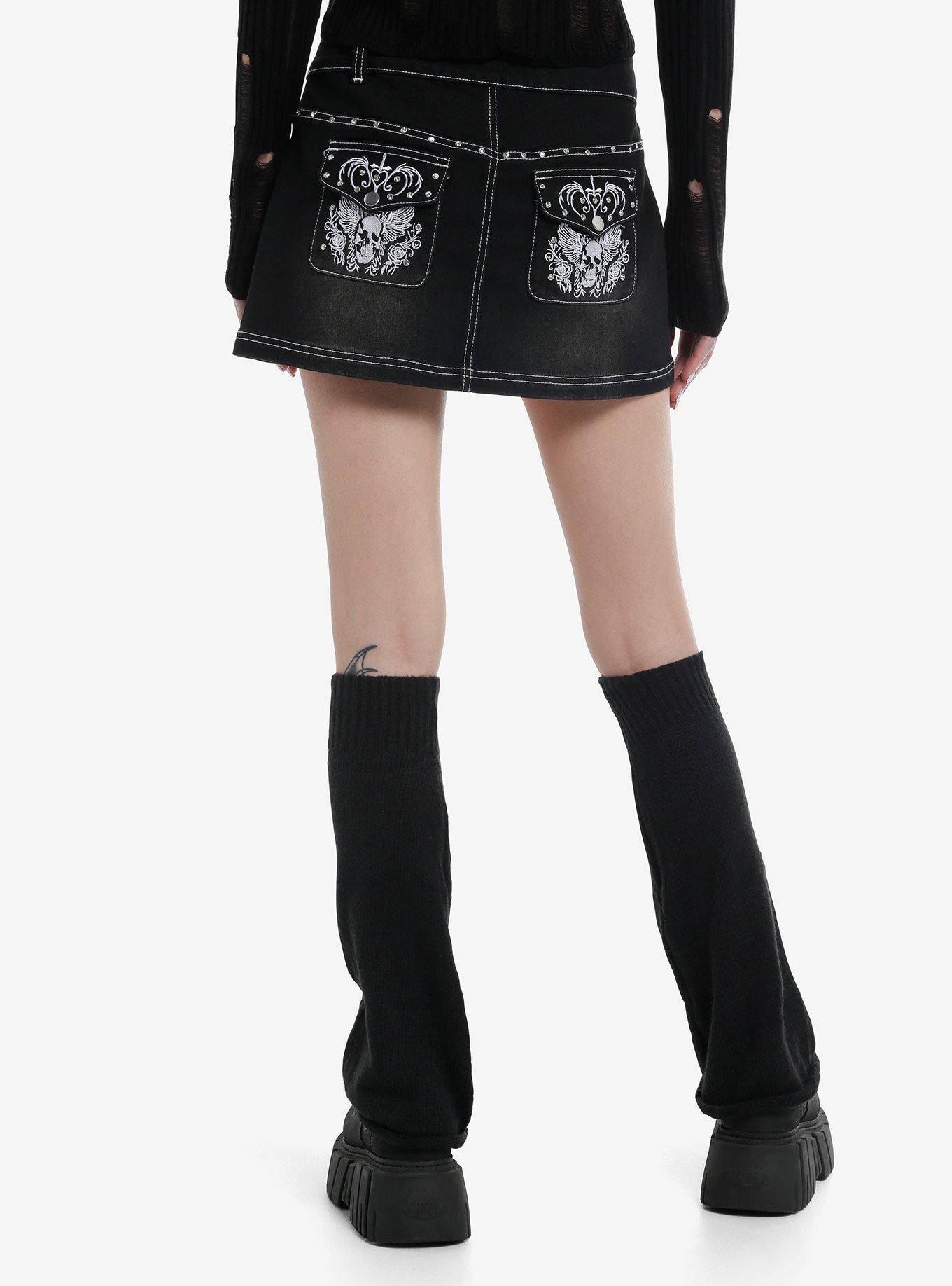 Social Collision Black Rhinestone Skull Denim Mini Skirt, , hi-res