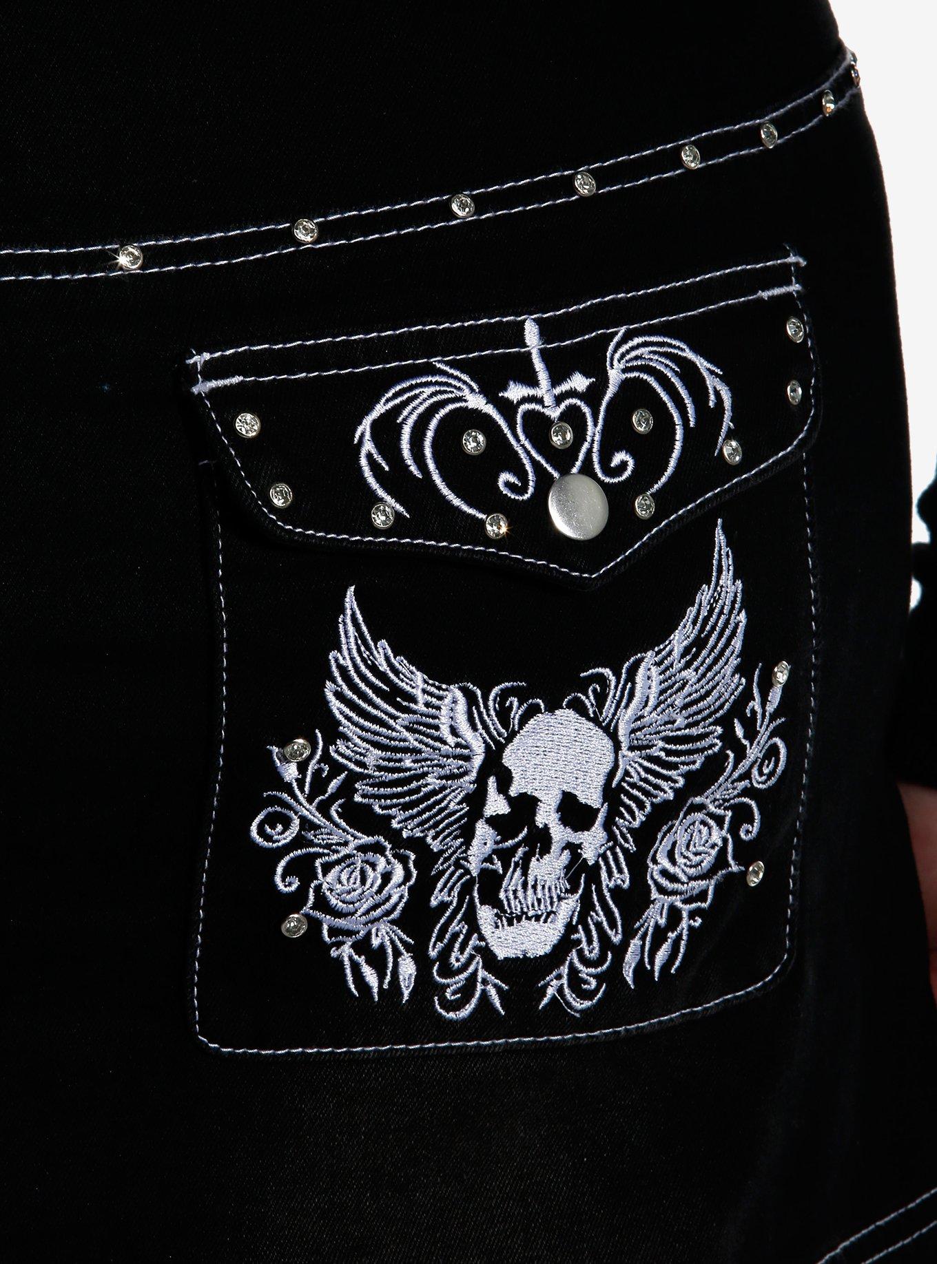 Social Collision Black Rhinestone Skull Denim Mini Skirt Plus Size, BLUE, alternate