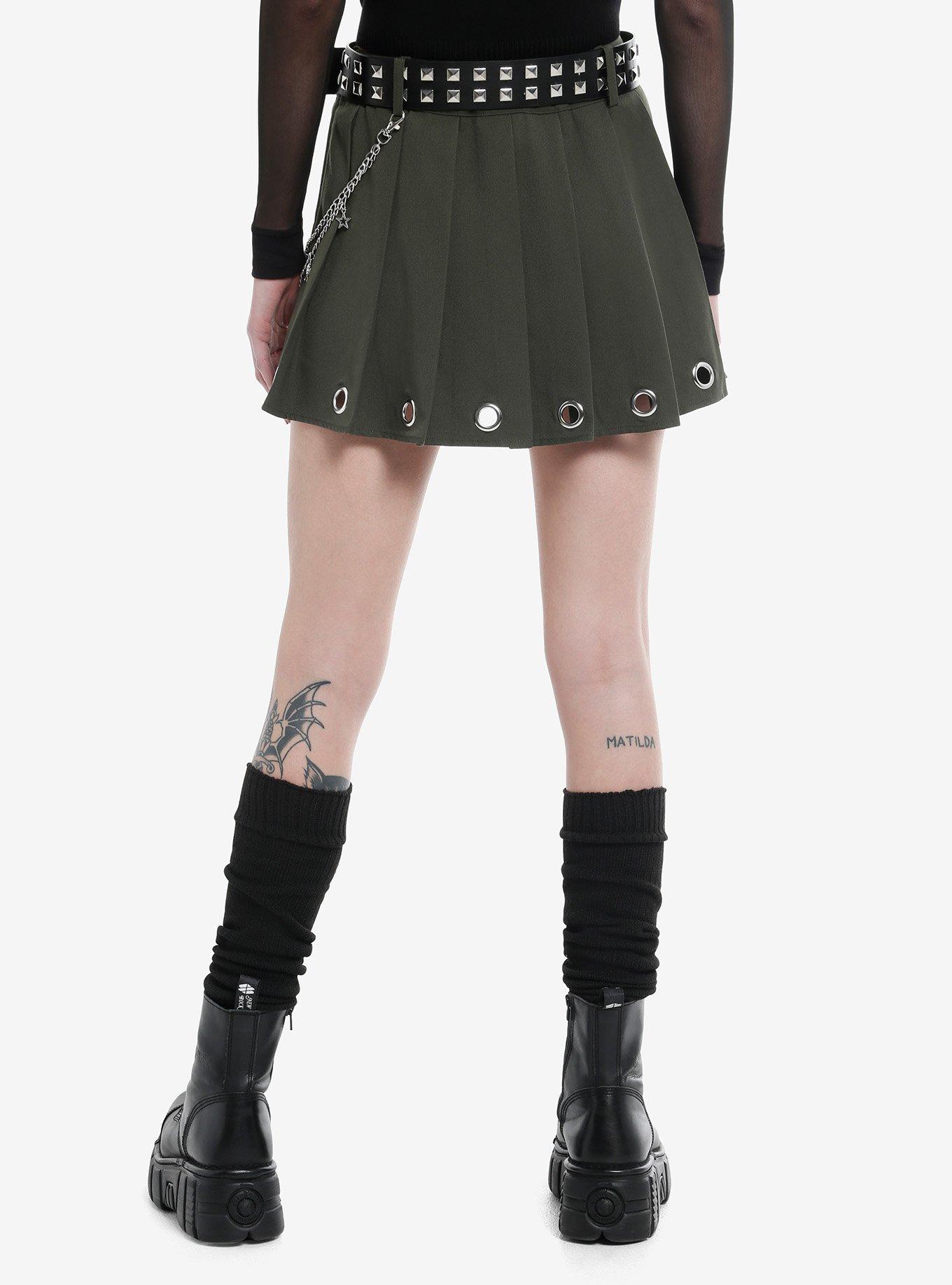 Social Collision Olive Grommet Pleated Skirt With Belt, , hi-res