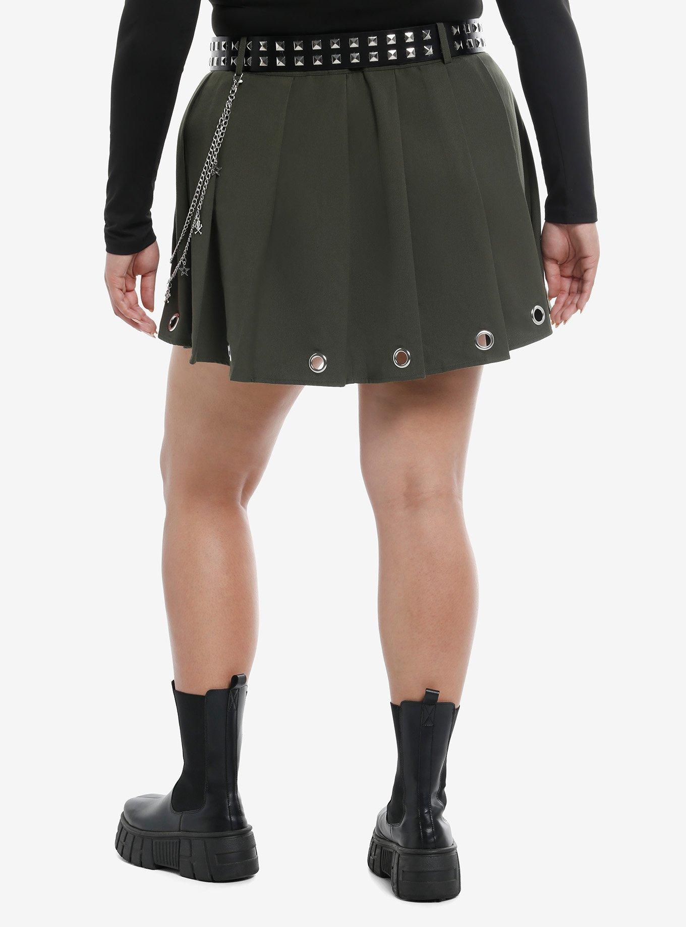 Social Collision Olive Grommet Pleated Skirt With Belt Plus Size, BLACK, alternate