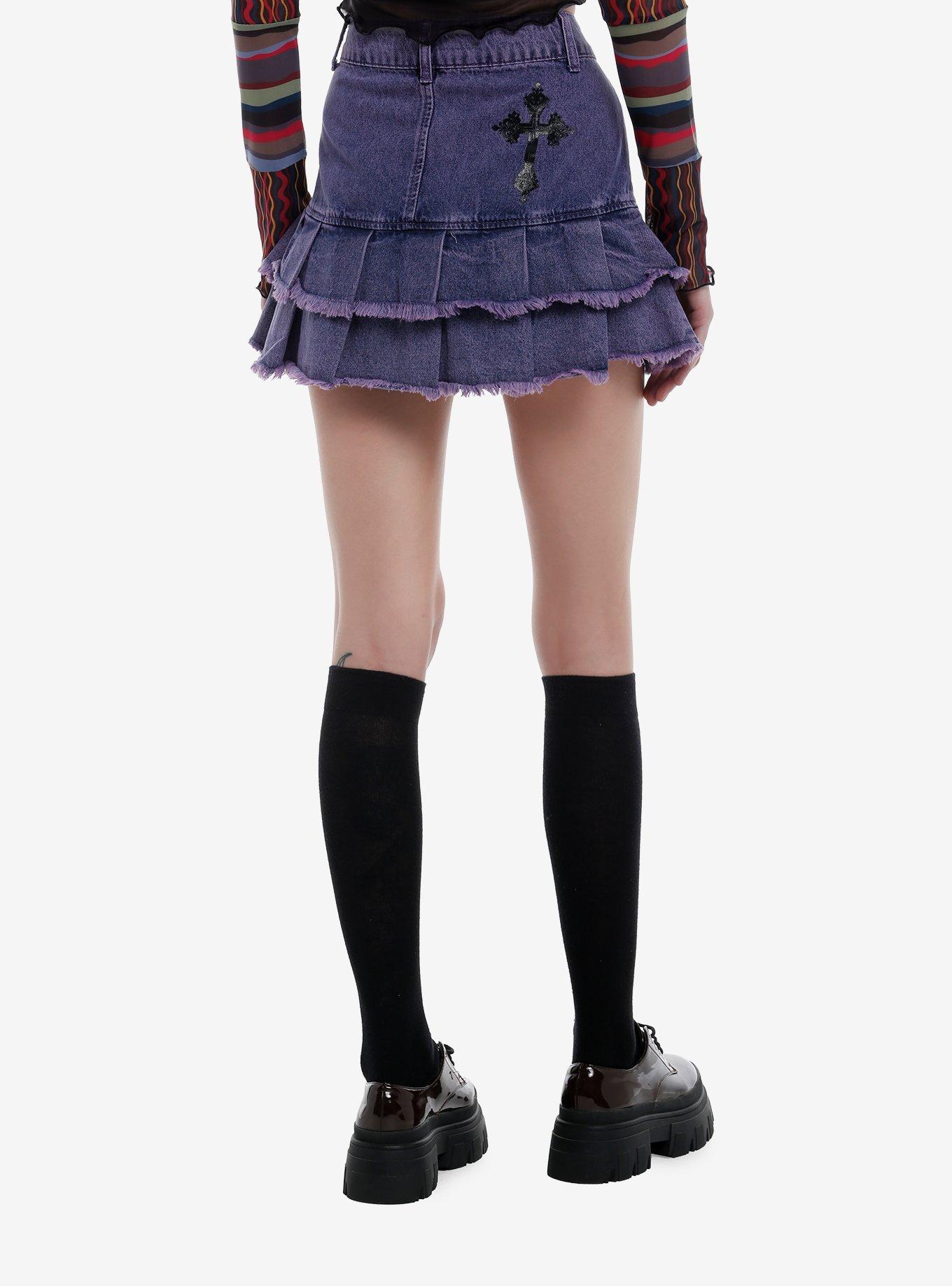 Social Collision Purple Acid Wash Tiered Skirt, , hi-res