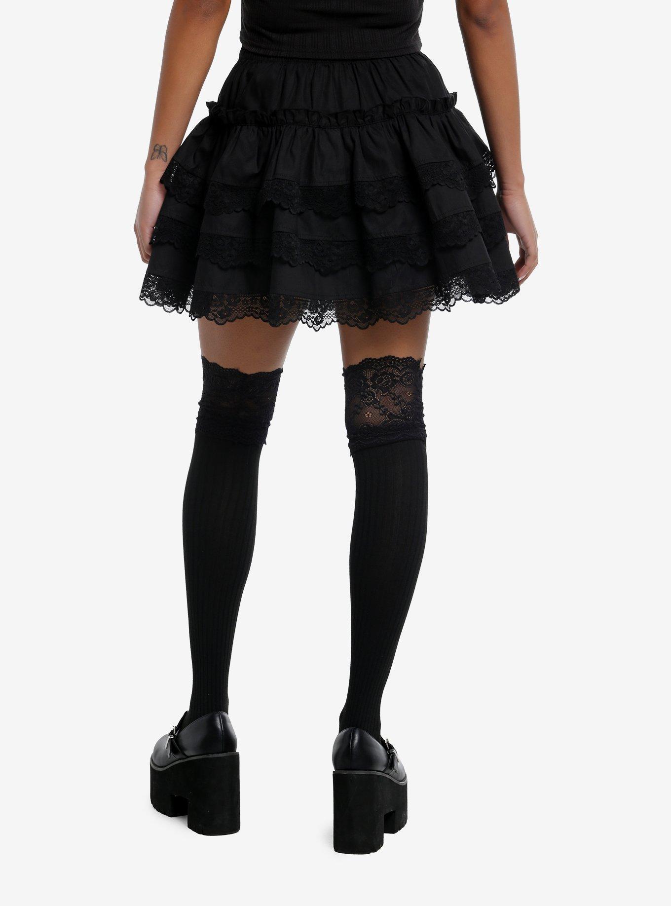 Cosmic Aura Black Lace Trim Tiered Mini Skirt, , hi-res