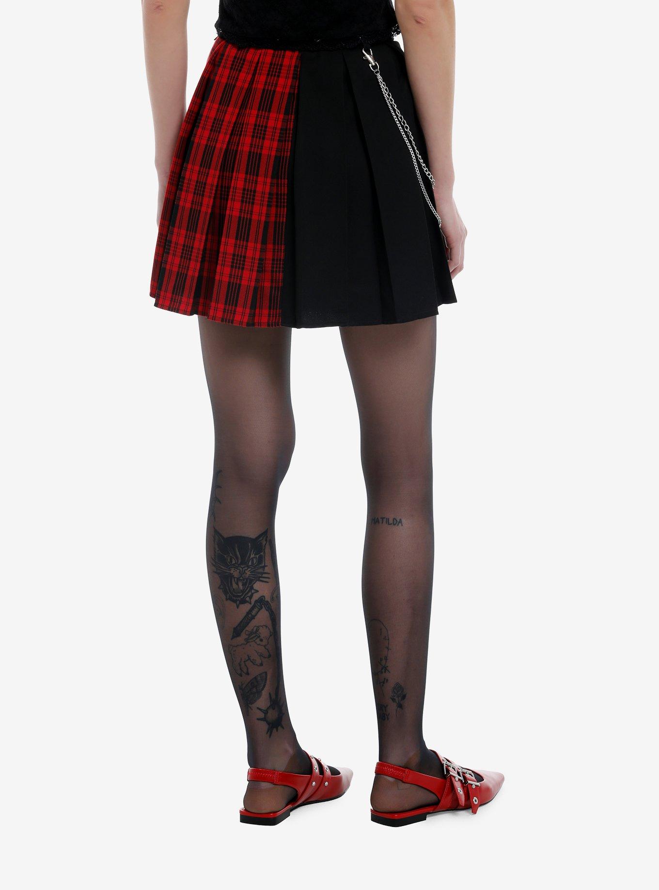 Social Collision Plaid Split Belted Skirt With Chain, , hi-res