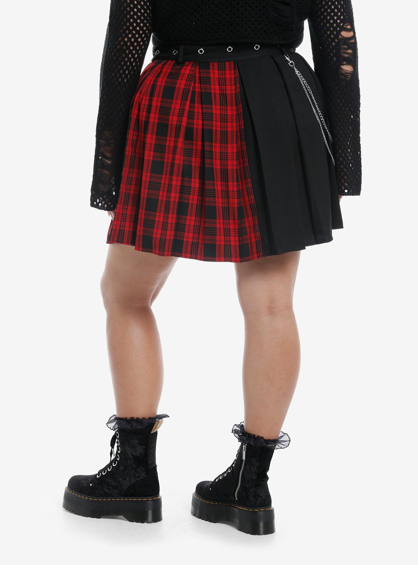 Social Collision Plaid Split Belted Skirt With Chain Plus Size, , hi-res