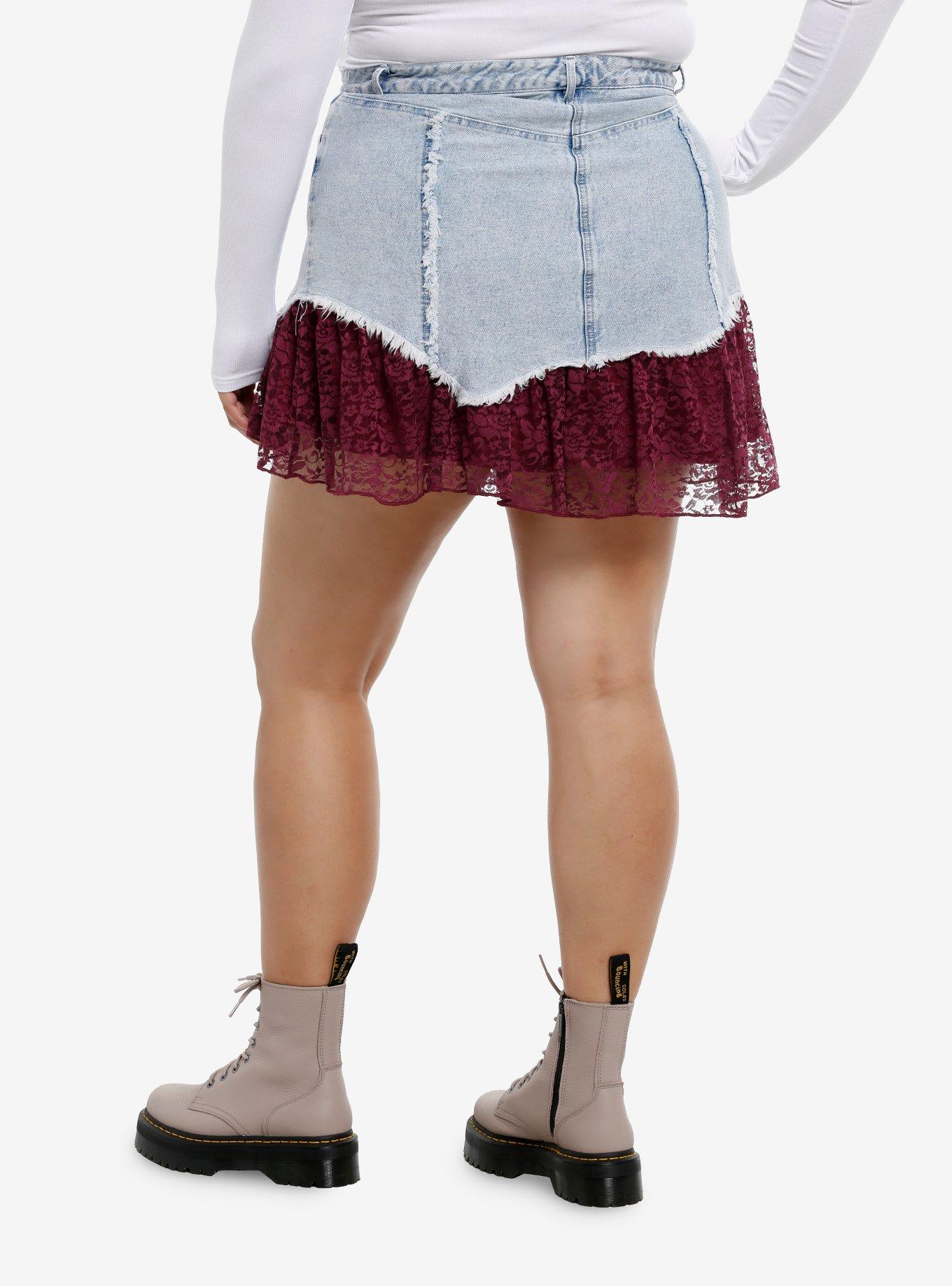 Social Collision Light Wash Denim & Purple Lace Mini Skirt Plus Size, , hi-res