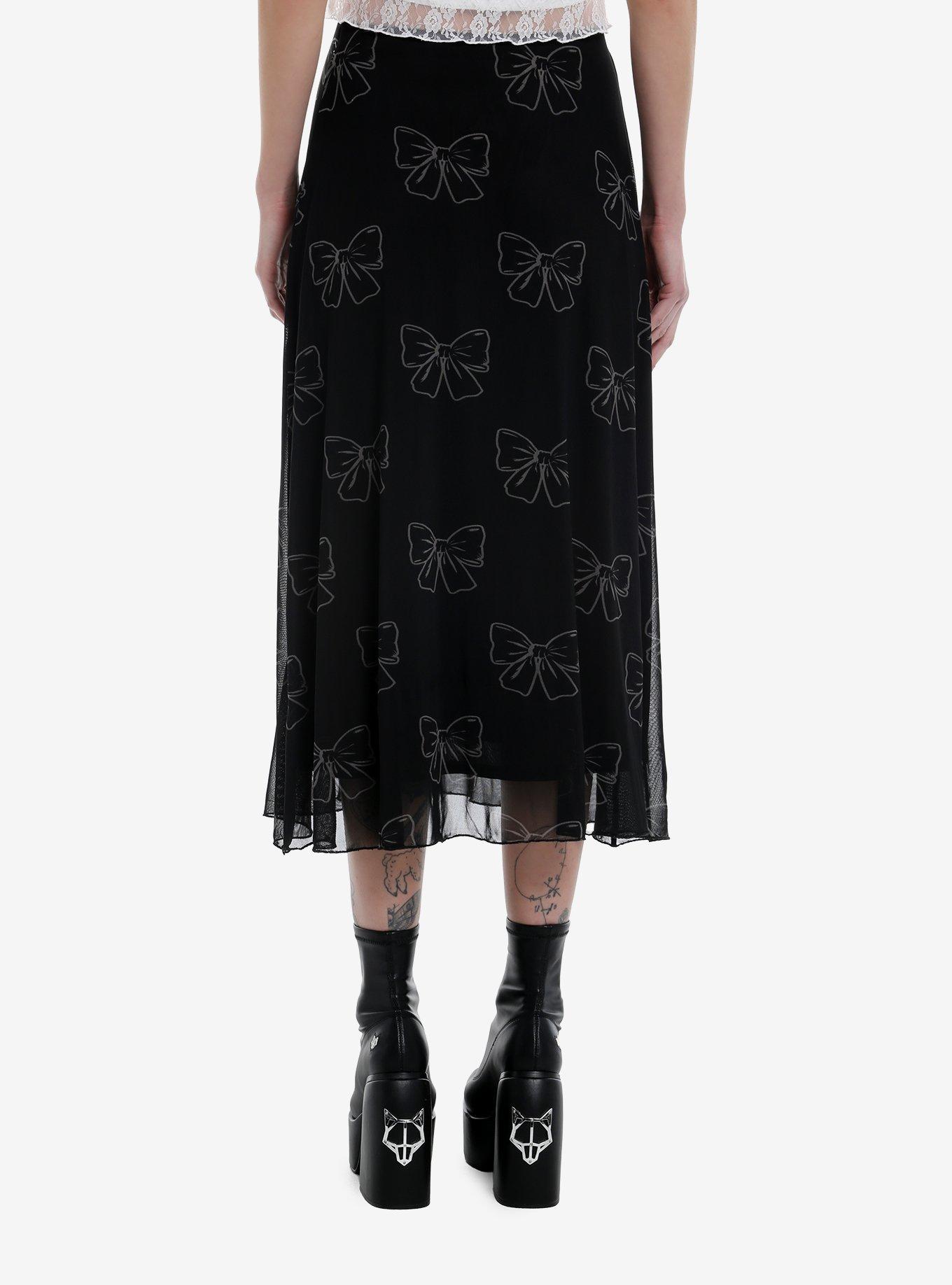 Cosmic Aura Black & Grey Bows Mesh Midi Skirt, , hi-res