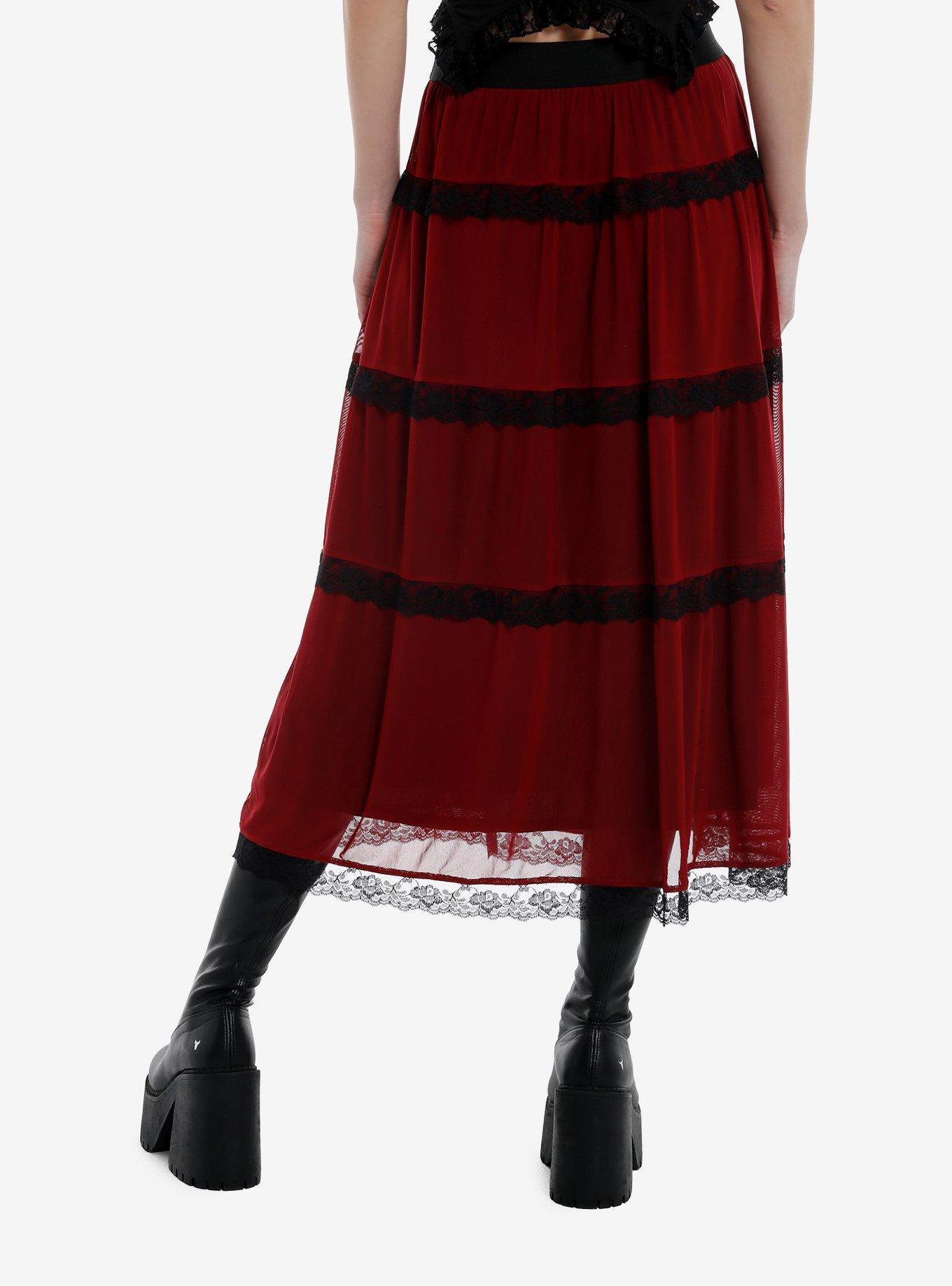 Cosmic Aura Red & Black Lace Midaxi Skirt, , hi-res