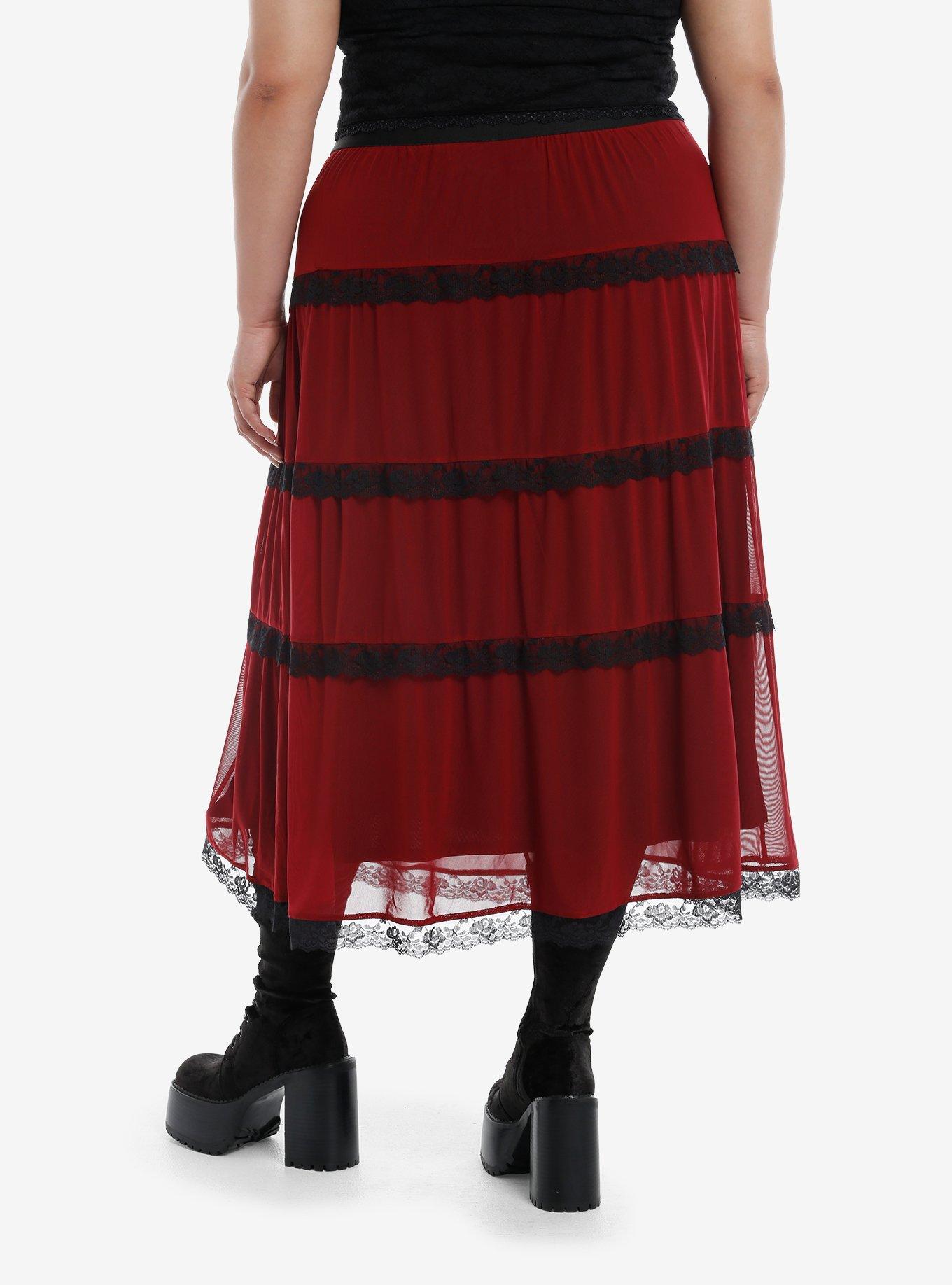 Cosmic Aura Red & Black Lace Midaxi Skirt Plus Size, , hi-res