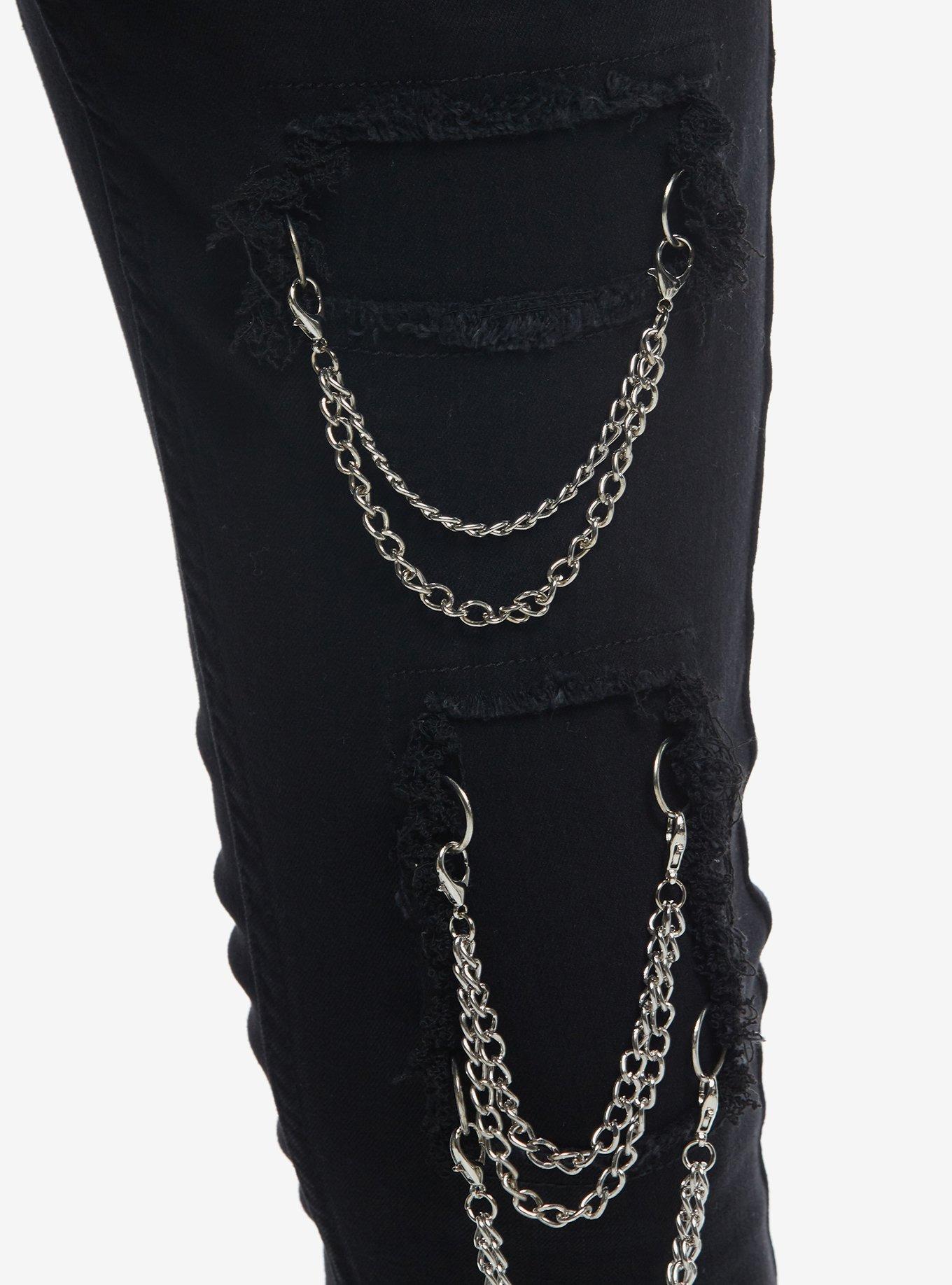 Black Destructed Chain Stinger Jeans, , hi-res