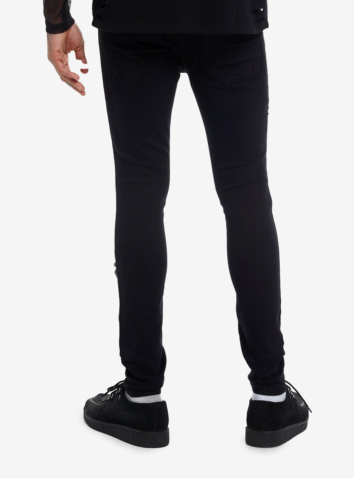 Black Destructed Chain Stinger Jeans, SILVER, alternate