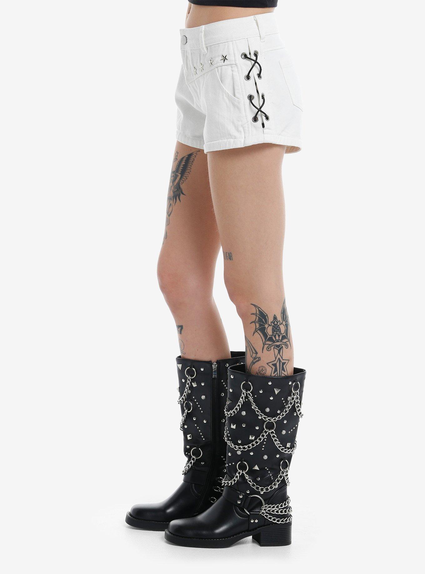 White Lace-Up Star Stud Girls Denim Shorts, , alternate
