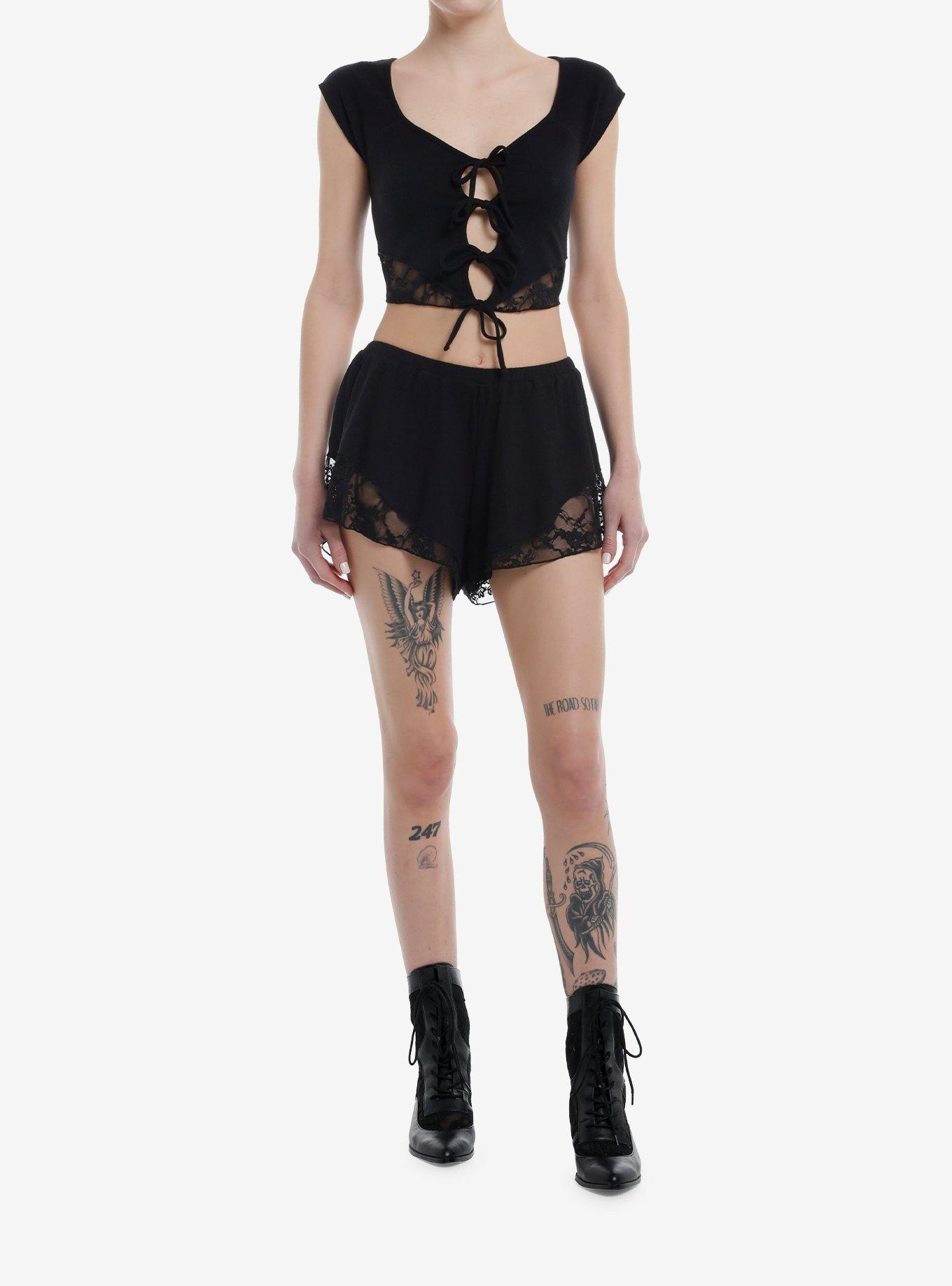 Thorn & Fable Black Lace Tie-Front Girls Top, , hi-res