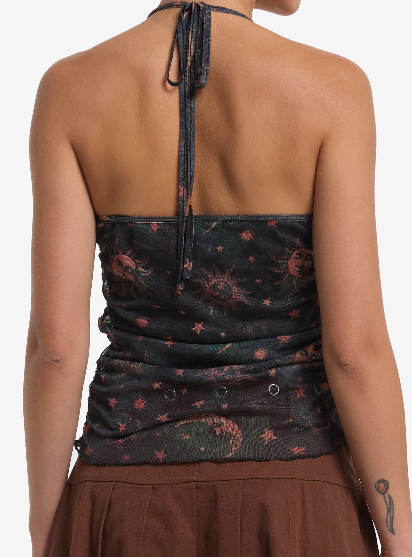 Celestial Green & Bronze Ruched Mesh Halter Top, MULTI, alternate