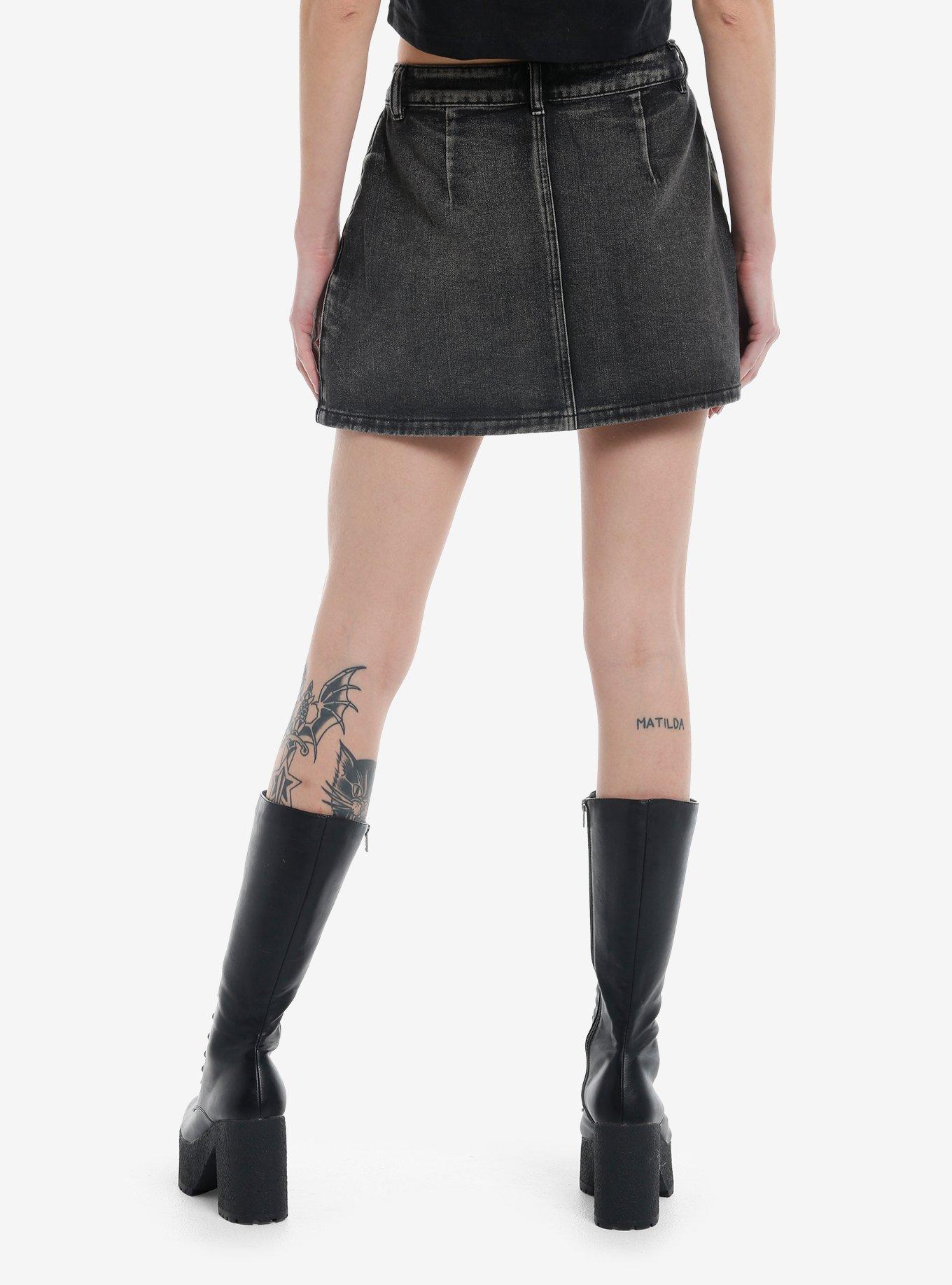 Black Washed Cargo Pleated Denim Mini Skirt, , hi-res