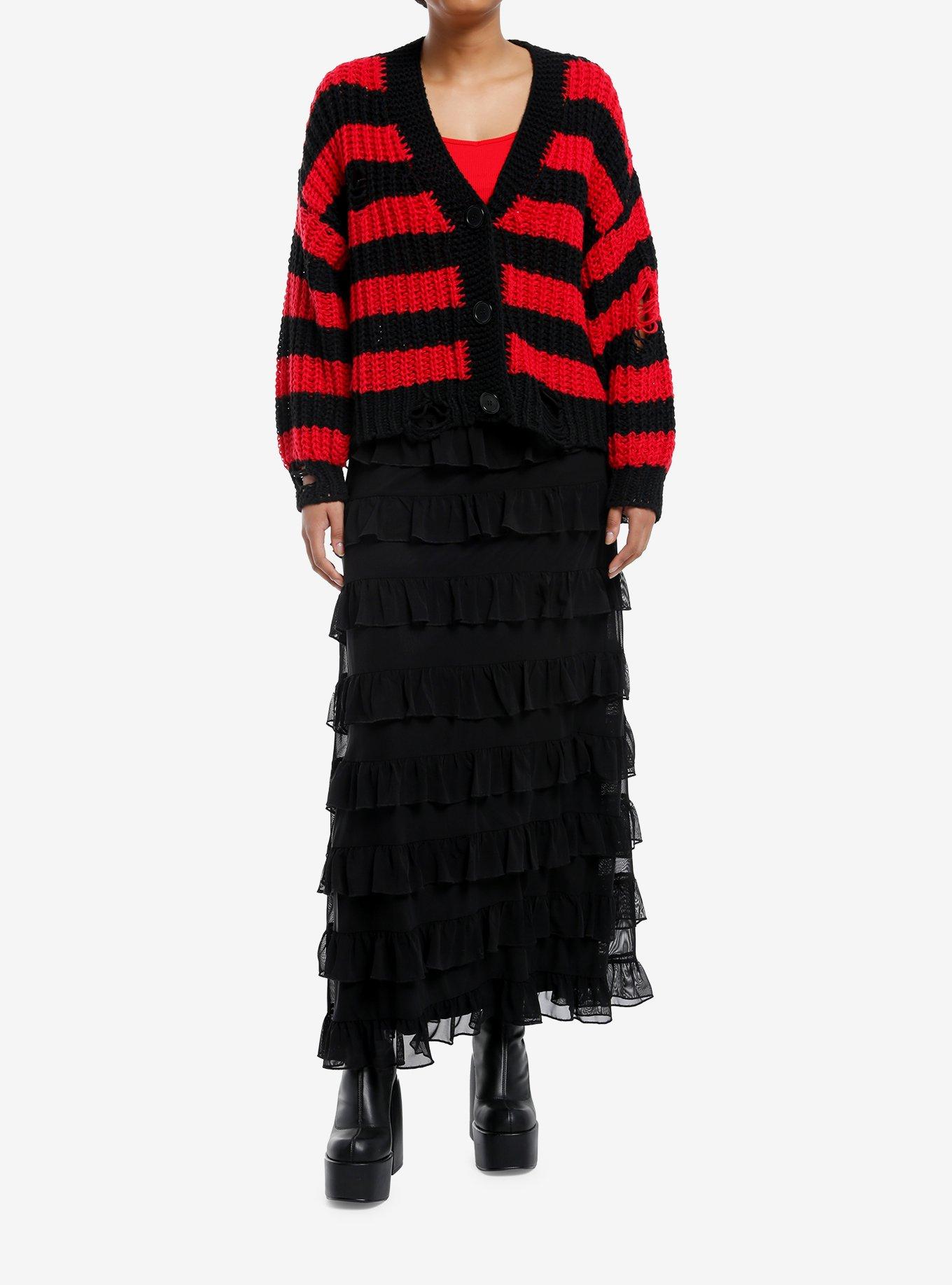 Red & Black Stripe Chunky Knit Girls Cardigan, , hi-res