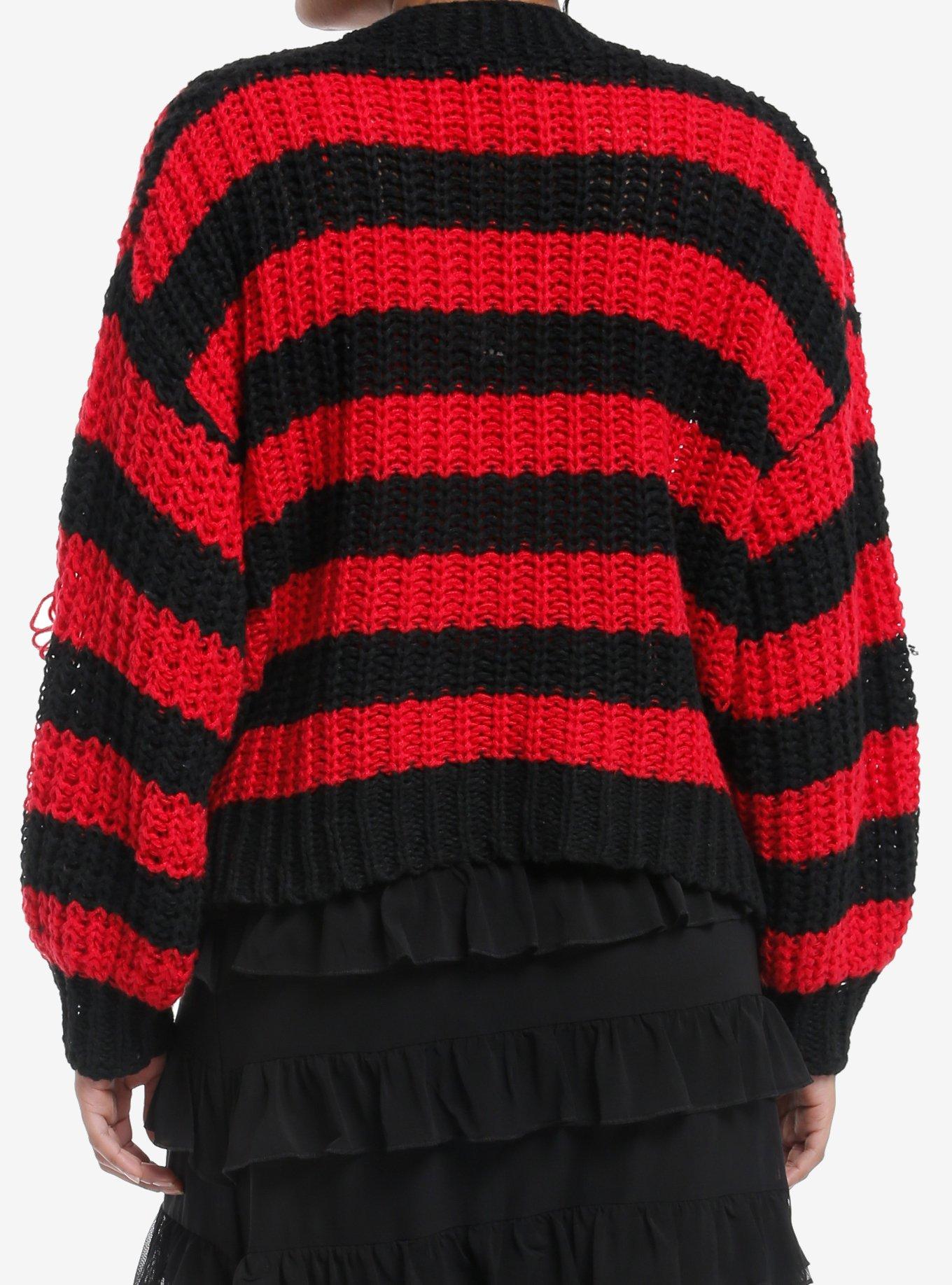 Red & Black Stripe Chunky Knit Girls Cardigan, BLACK, alternate