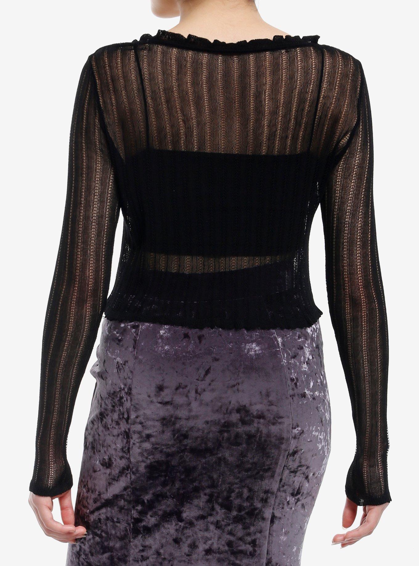 Cosmic Aura Black Mesh Tie-Front Girls Cardigan, BLACK, alternate