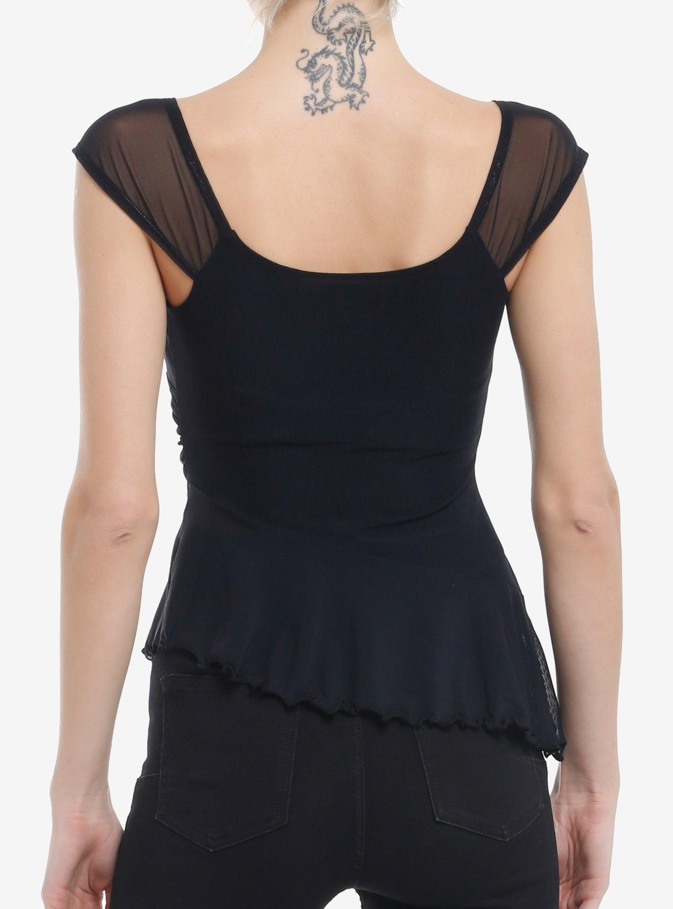 Cosmic Aura Black Mesh Asymmetrical Cap Sleeve Girls  Top, BLACK, alternate
