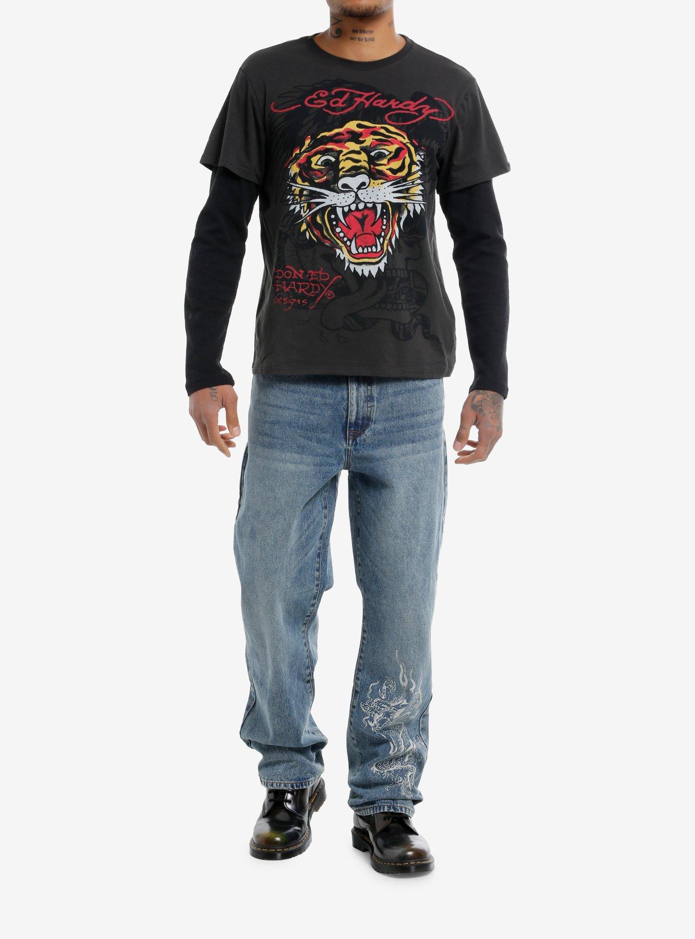 Ed Hardy Tiger Twofer Long-Sleeve T-Shirt, BLACK, alternate