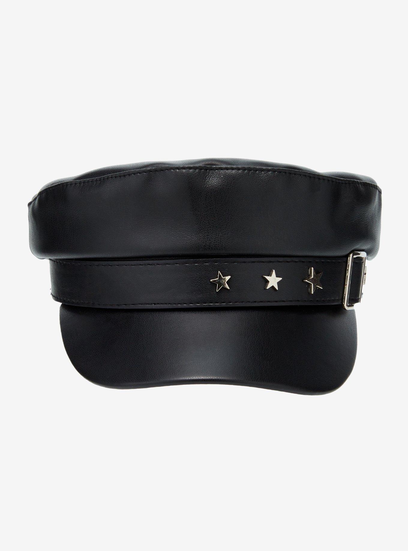Star Stud & Buckle Faux Leather Cabbie Hat, , alternate