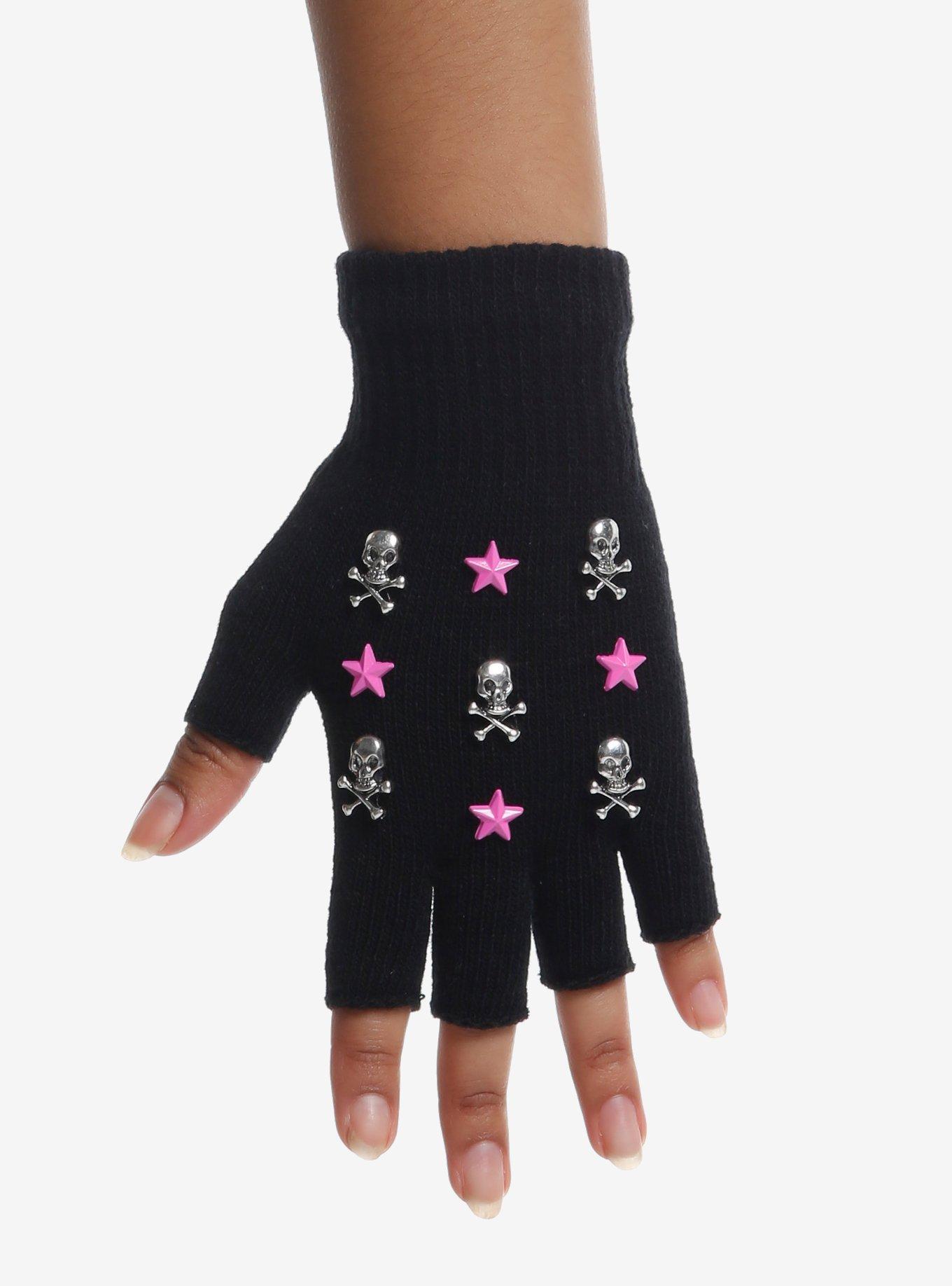 Skull Pink Star Stud Fingerless Gloves, , hi-res