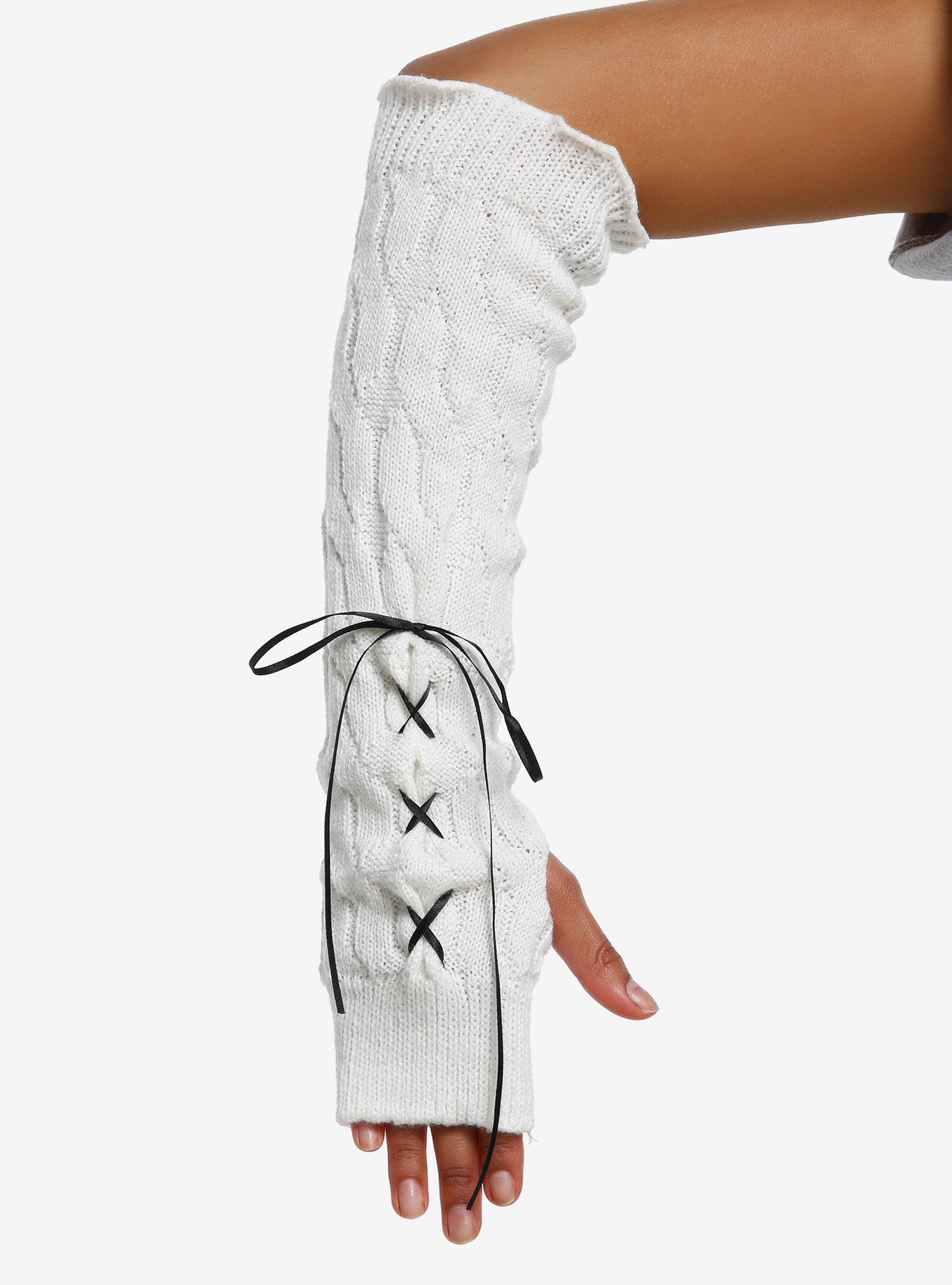 Cream Cable Knit Black Lace-Up Arm Warmers, , hi-res