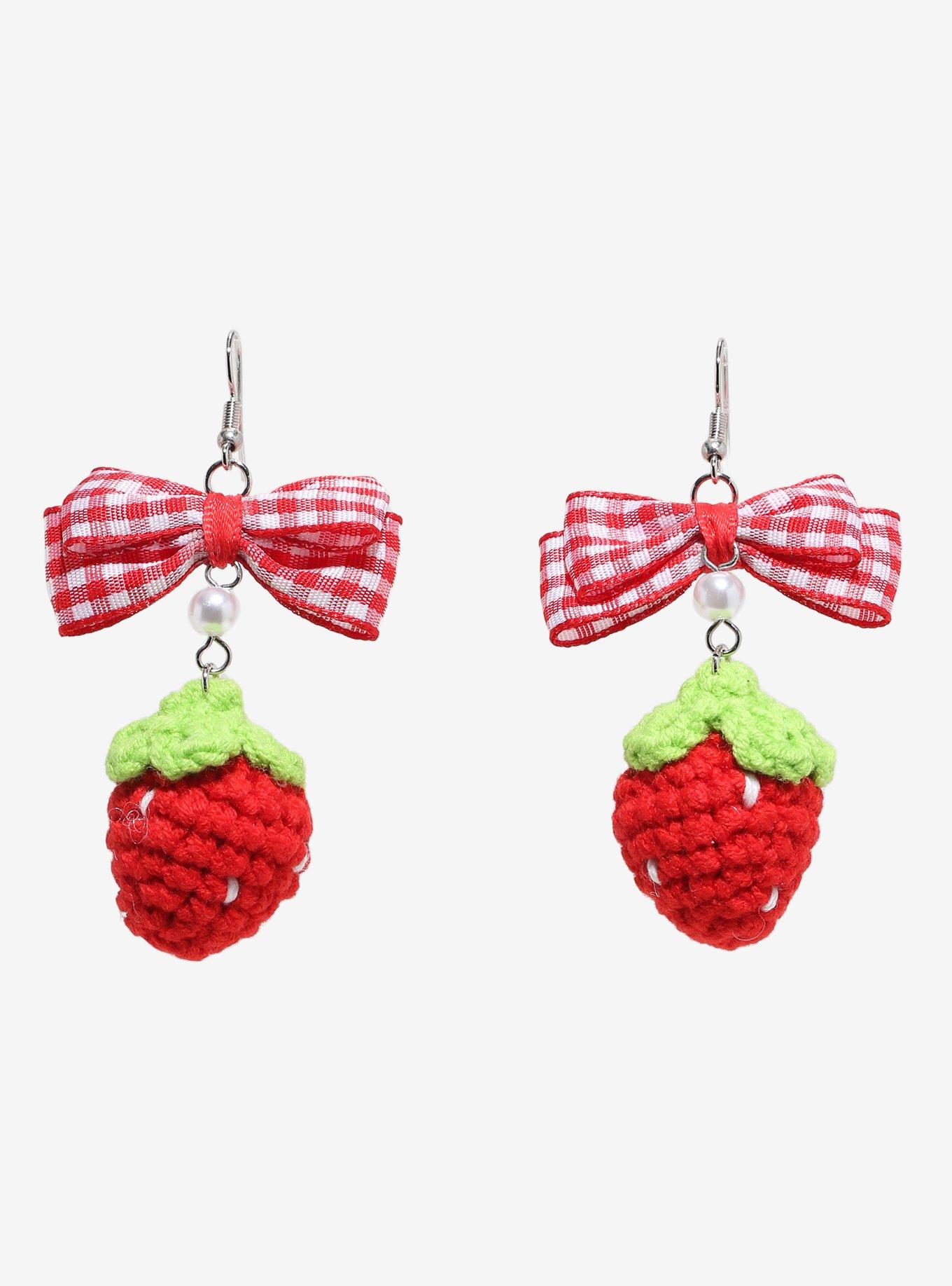 Sweet Society Crochet Strawberry Bow Drop Earrings, , hi-res