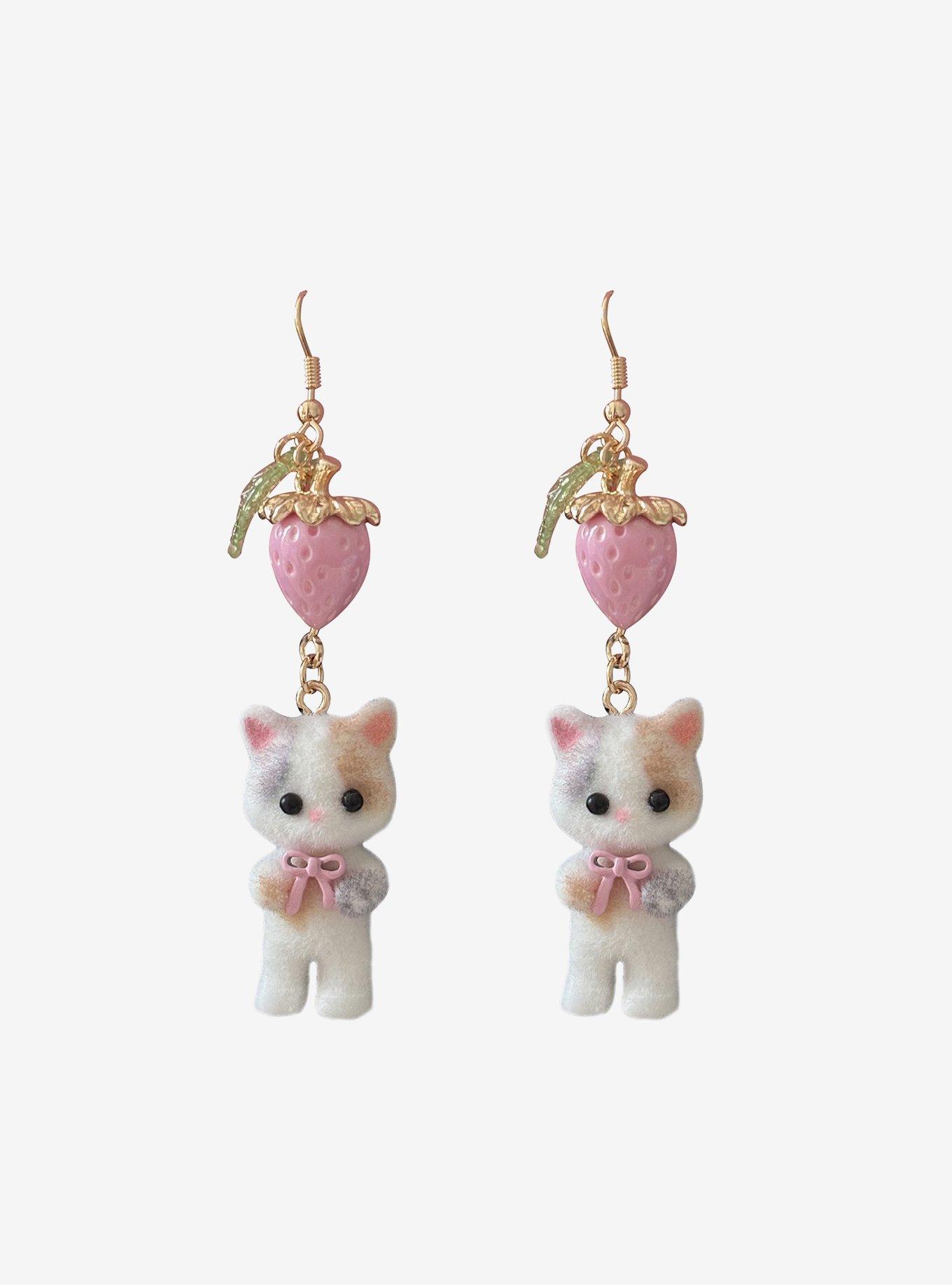 Sweet Society Pink Strawberry Cat Drop Earrings, , hi-res