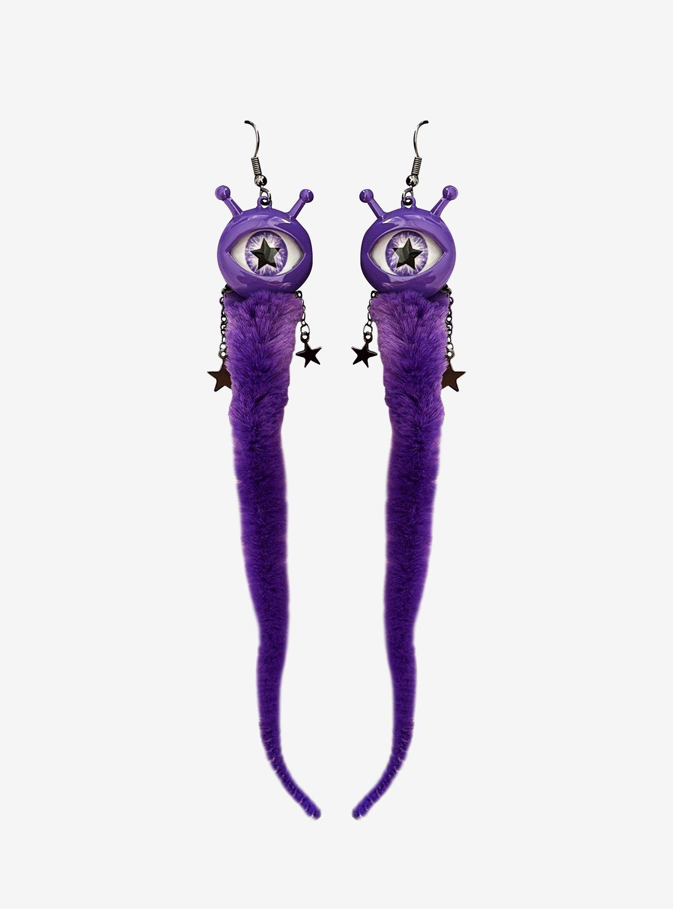 Purple Eyeball Fuzzy Worm Drop Earrings, , hi-res