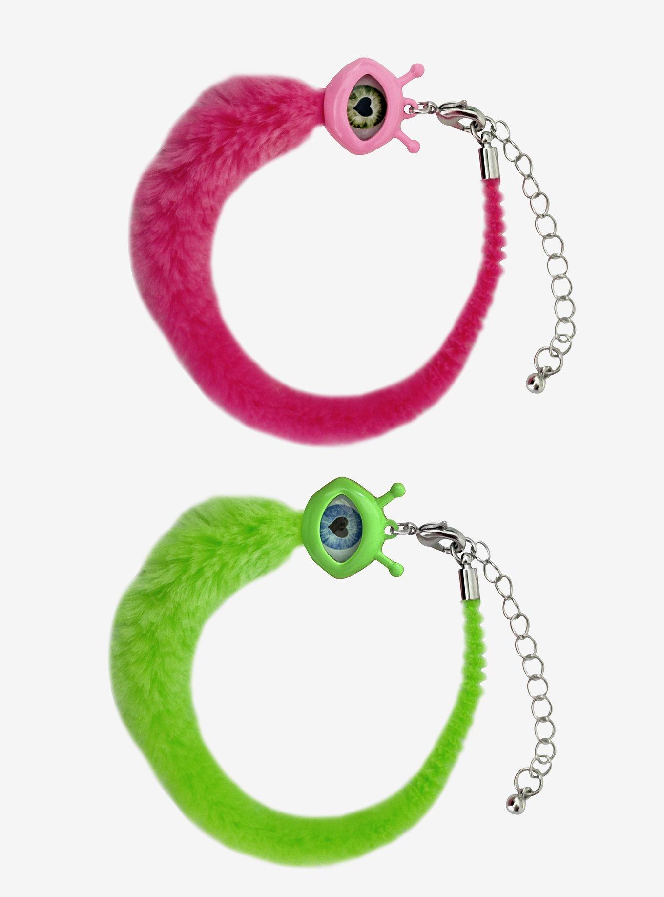Pink & Green Eyeball Fuzzy Worm Bracelet Set, , hi-res