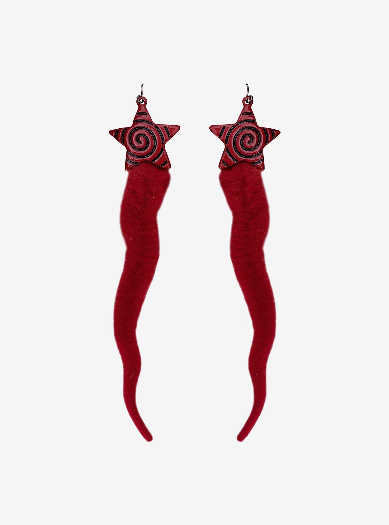 Red Spiral Star Fuzzy Worm Drop Earrings, , hi-res
