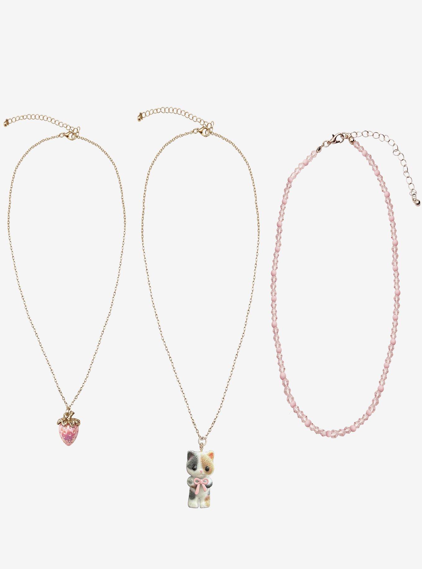 Sweet Society Pink Strawberry & Cat Necklace Set, , hi-res