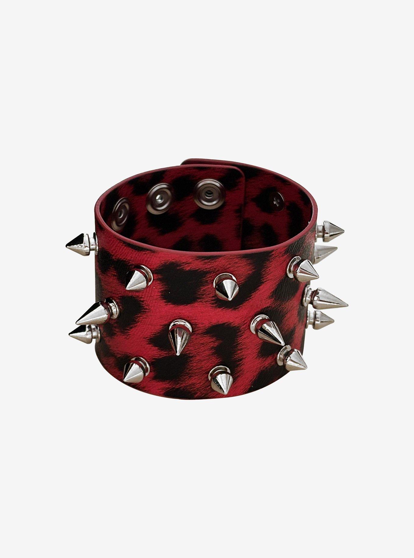 Multi Length Red Leopard Spikes Wrist Cuff, , hi-res